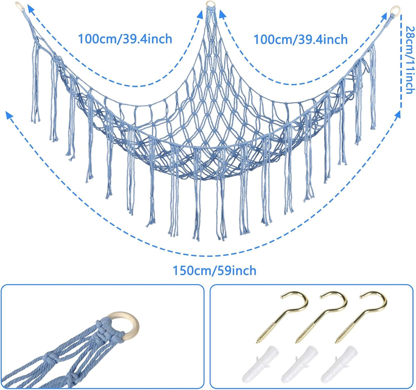 Boho Stuffed Animals Net or Hammock Large,55 Inch Toy Hammock Macrame Stuff Animal Storage Corner Hanging Net Holder,Mesh Hammock Plush Toy Organizer with Hooks for Bedroom,Nursery (Deep Blue)