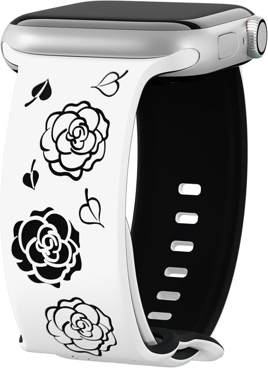 Floral Engraved Bands Compatible with Apple Watch 38Mm 40Mm 41Mm 42Mm 44Mm 45Mm 46Mm 49Mm Women,Two-Tone Flower Soft Silicone Sport Strap for Iwatch Ultra Series 10 9 8 7 6 5 4 3 2 1 SE
