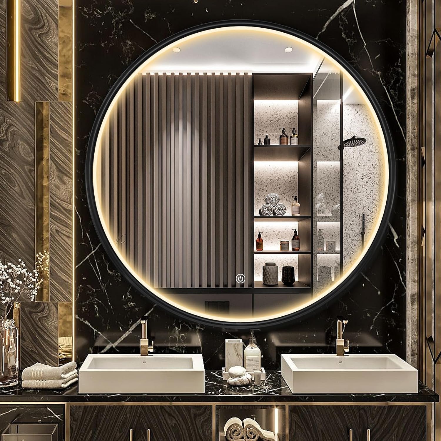 24 Inch round LED Bathroom Mirror, Circle Frame Recessed Light Strip Design Modern Vanity Mirror, Anti-Fog Smart Mirror with Stepless Color Temperature Adjustable 3000-6000K, Black