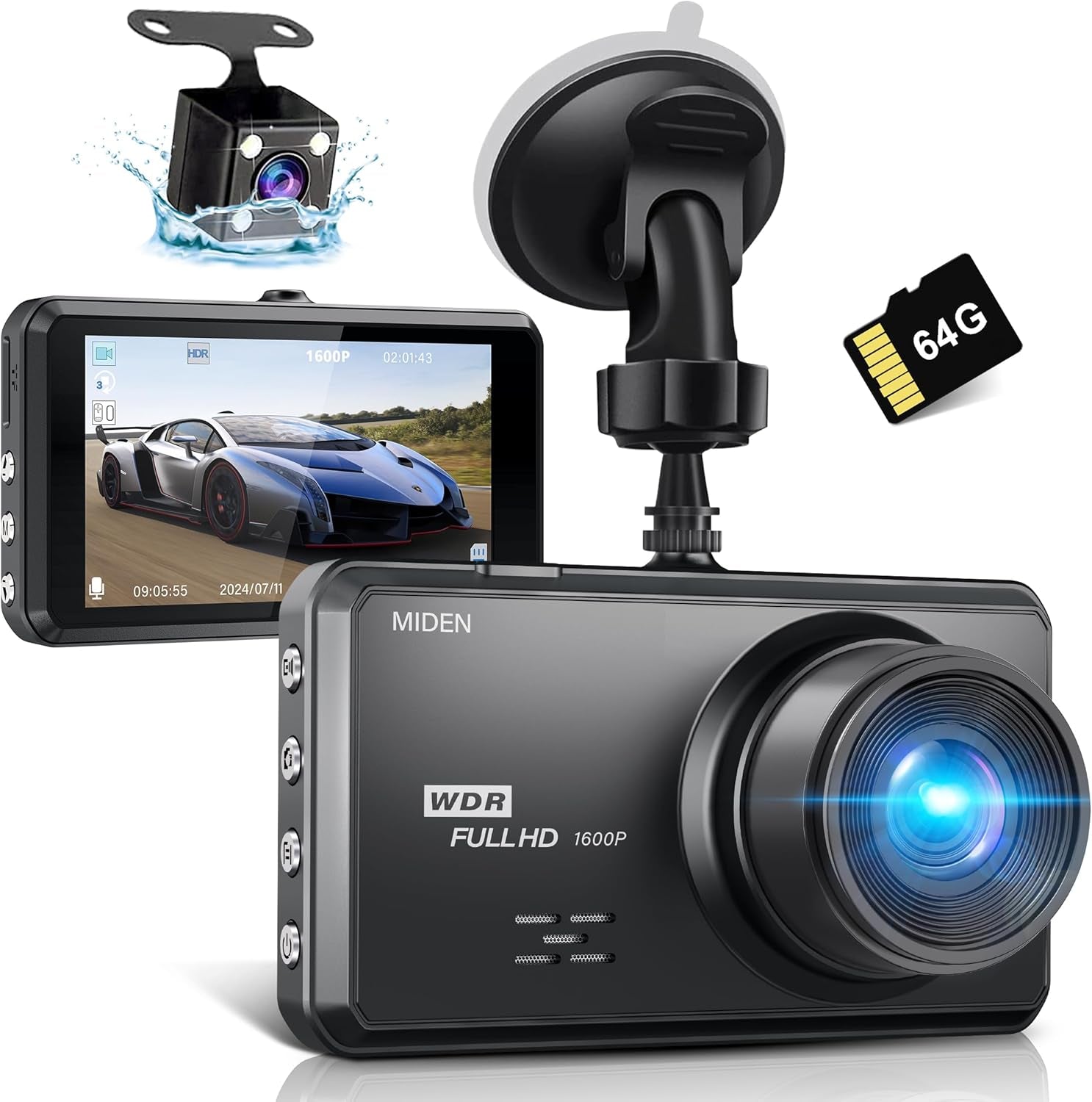S7 2.5K Dash Cam Front and Rear,64G SD Card,1600P+1080P FHD Dual Dash Camera for Cars,176°+160° Wide Angle,3.2'' IPS Screen Dashcam,G-Sensor,Loop Recording,Wdr,Night Vision,24H Parking Monitor