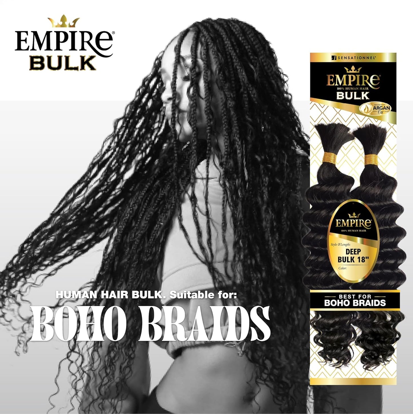Empire Bulk Hair Braiding – Deep Bulk 18Inch Human Hair Boho Braids with for Knotless Box or Curly Loose Wave - HH Empire Deep Bulk (18 Inch, 1 JETBLACK)
