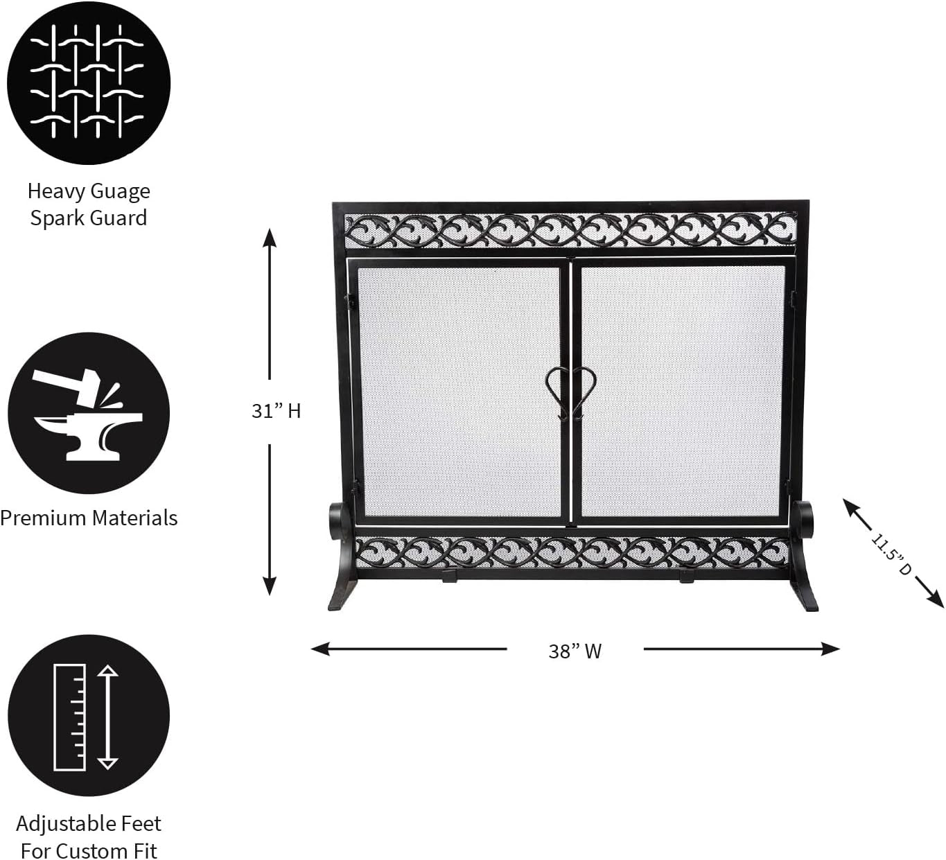 Metal Fireplace Screen Scrollwork Black | 38" W X 31½"H | 2 Door | Spark Guard Grate | Fire Place Cover | Wood Burning Stove Accessories