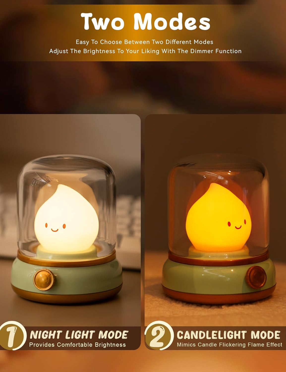 Cute Chibi Flame Lamp, Mimics Flickering Flame Effect Amber Light,2 Modes Rechargeable Dimming Great Ambience Light for Camping, Curing, Decoration, Green, BD-NL-17