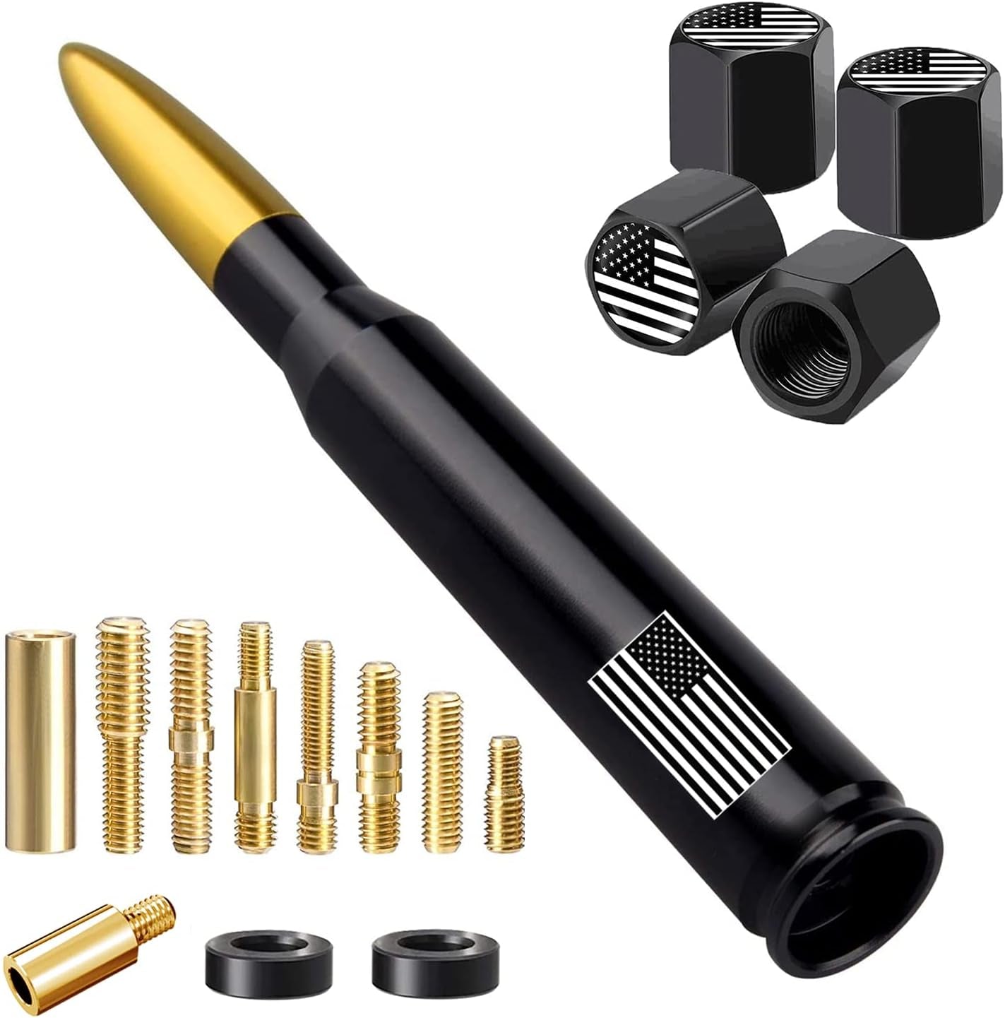 American Flag Car Truck Antenna with Valve Stem Caps, Universal Mast for GM Chevy Silverado 1500 2500 3500 HD Avalanche Ford F150 F250 F350 Denali Heavy Duty Pickup Trucks Accessories (Black)