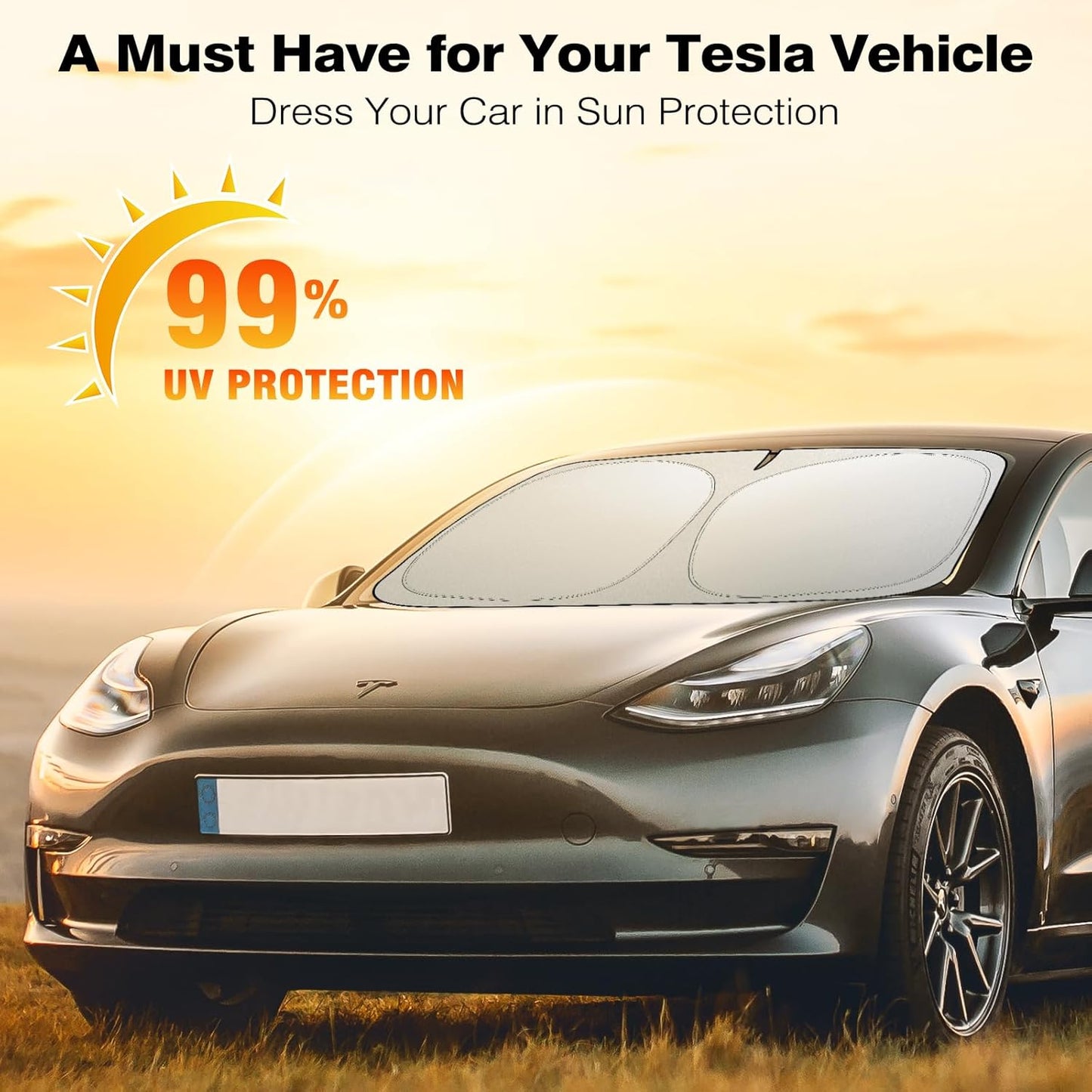 Car Windshield Sunshade Compatible for Tesla Model 3/Y Customized, Tesla Model 3/Y Accessories 2024 Foldable Front Window Sunshade, Upgraded UV Protection Fabric