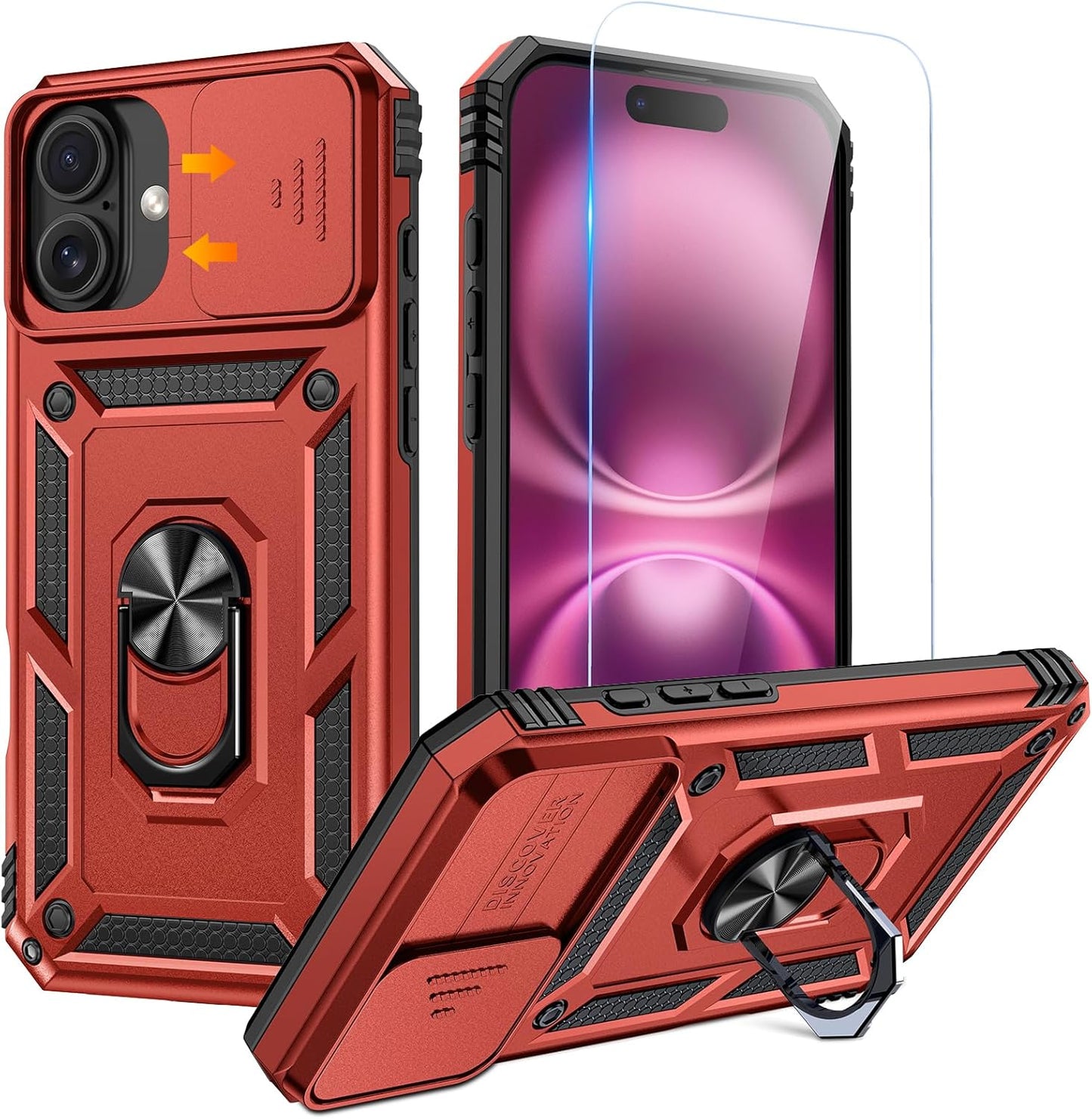 Compatible for Iphone 16 Case with Screen Protector - Slide Camera Cover Protective Phone Case with Ring Stand, Heavy Duty Shockproof Rugged Bumper for Iphone 16 Accessories Blue