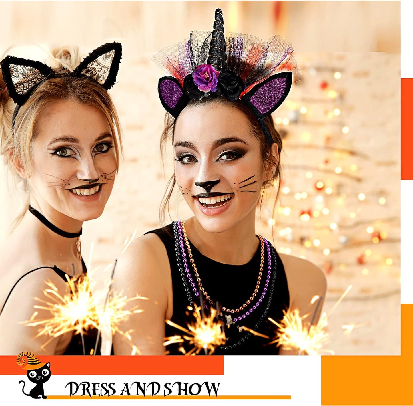 Halloween Unicorn Costume Set Included Unicorn Headband Tutu Skirt Striped Thigh High Socks Purple Orange Black Beaded Chains for Halloween Cosplay Party