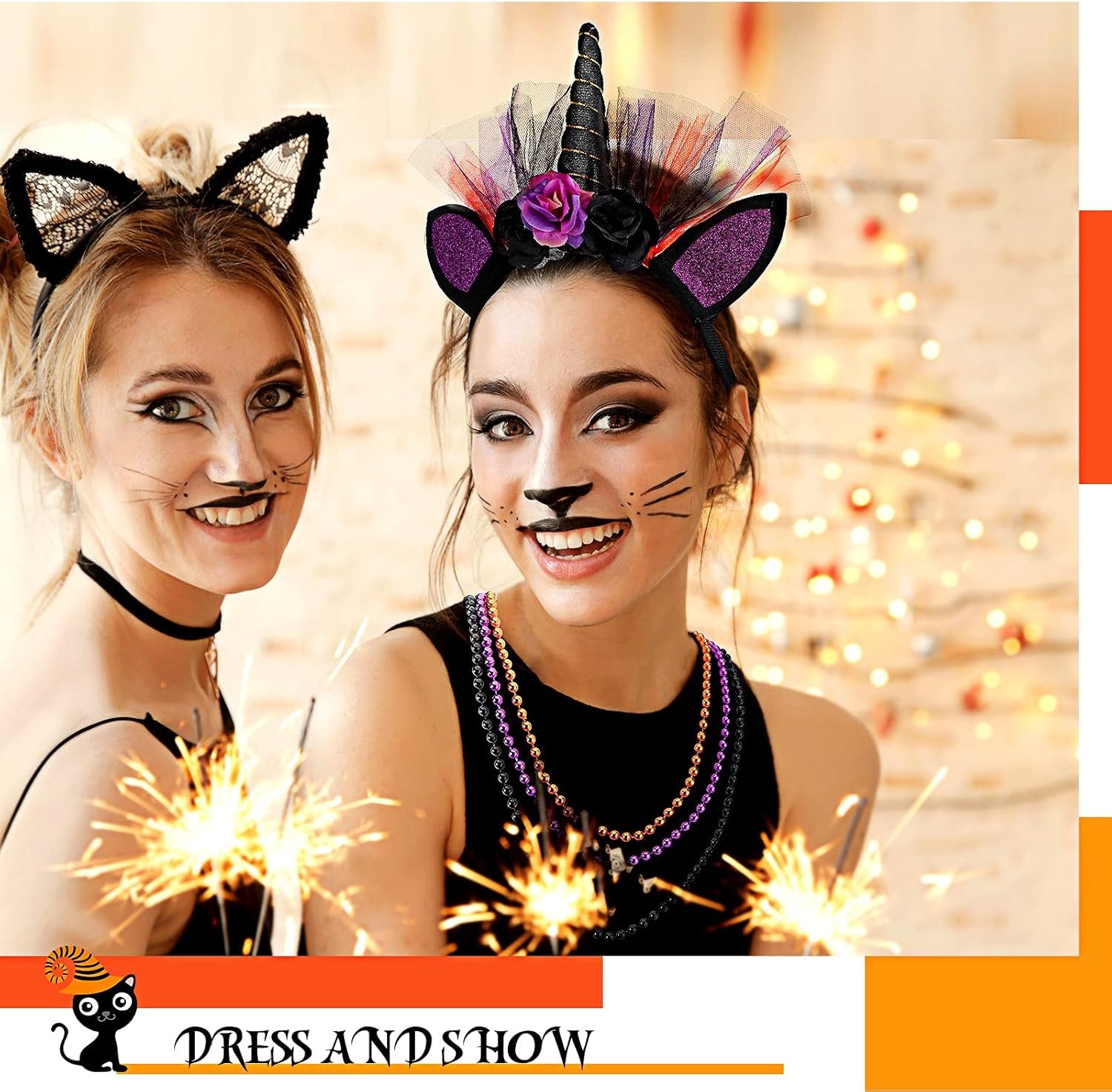 Halloween Unicorn Costume Set Included Unicorn Headband Tutu Skirt Striped Thigh High Socks Purple Orange Black Beaded Chains for Halloween Cosplay Party