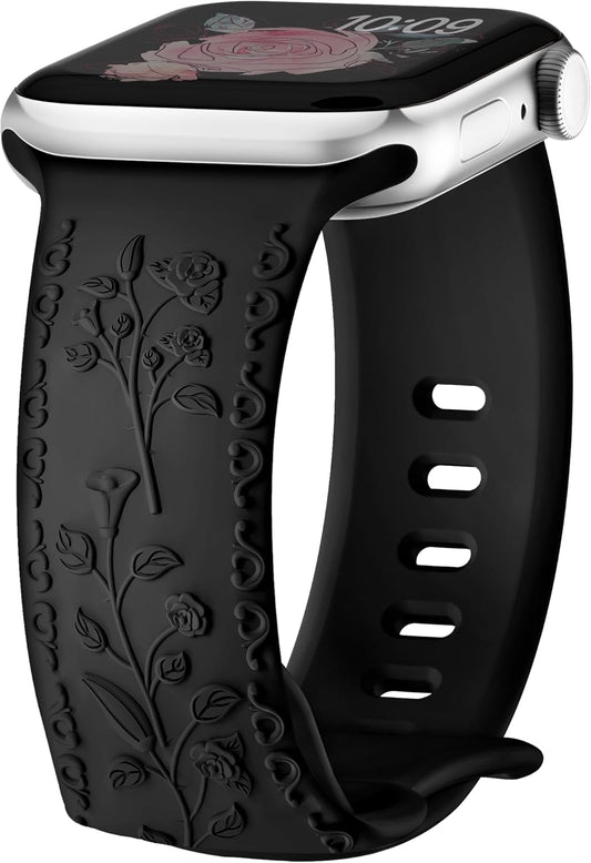 Dressy Floral Engraved Band for Apple Watch Bands for Women 46Mm 44Mm 45Mm 42Mm 49Mm, Soft Silicone Iwatch Bands for Women, Designer Band for Appe Watch Series 10 9 8 7 6 5 4 3 SE Ultra-Black