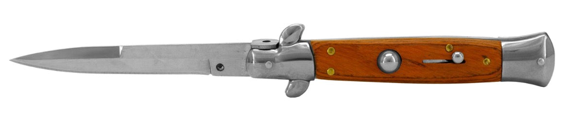 5” Stainless Steel Automatic Switchblade Folding Pocket Knife – Wooden Handle, Belt Clip & Safety Lock (Wholesale Only – MOQ 15)
