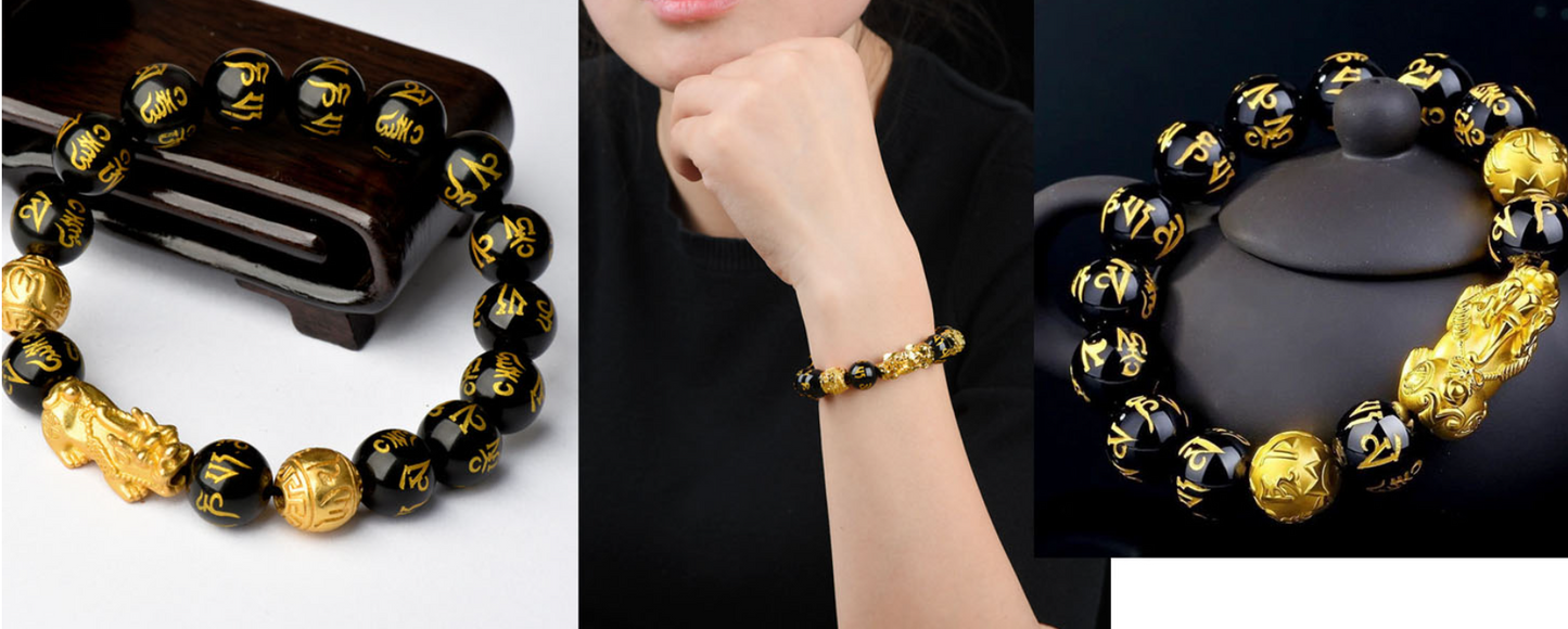 Wealth And Luck Bracelet, Feng Shui Black Obsidian Pixiu Wealth Bracelet Prosperity Buddha Beads Elastic Bracelets for Women Men Jewelry