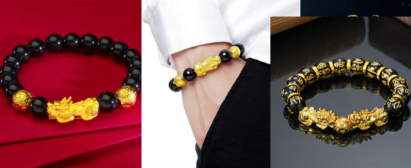 Wealth And Luck Bracelet, Feng Shui Black Obsidian Pixiu Wealth Bracelet Prosperity Buddha Beads Elastic Bracelets for Women Men Jewelry