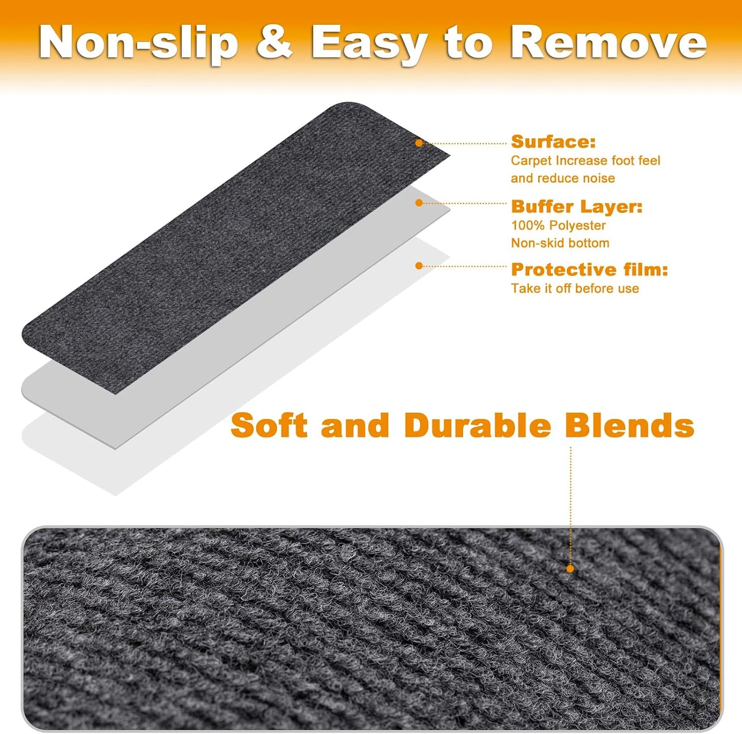 8X30In 15PCS Non-Slip Stair Treads Carpet, Self-Adhesive Stair Treads for Wooden Steps, Indoor Safety Staircase Step Treads, anti Slip Stair Runner Mats for Elders, Kids and Dogs (Dark Grey)