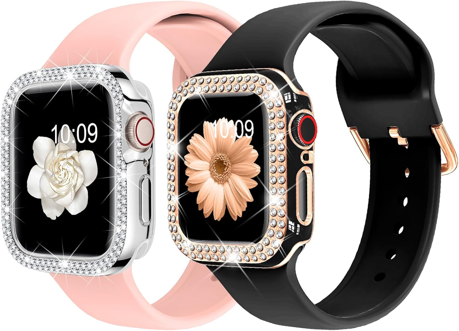 Compatible for Apple Watch Bands 45Mm with Bumper, Bling Glitter Women Silicone Soft Comfortable Strap for Iwatch SE Ultra Series 10 9 8 7 6 5 4 3 2 1