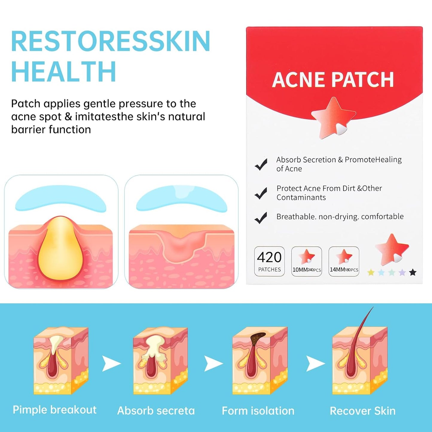 Pimple Patches for Face, Cute Star Zit Covers, Stars Hydrocolloid Acne Patch, for Sensitive Skin, with Tea Tree, Salicylic Acid & Cica Oil (10Mm&12Mm) 420 Count