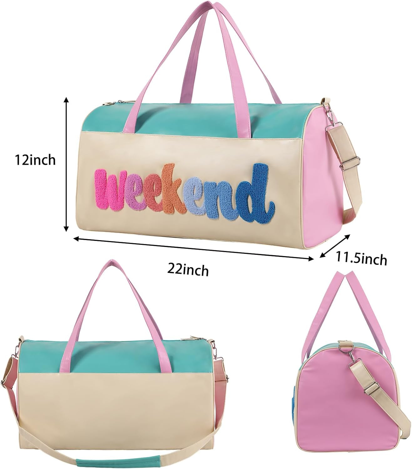 Chenille Letter Travel Duffle Bag Large PU Leather Weekender Overnight Bag for Women Carry on Bags Travel Tote（Weekender）