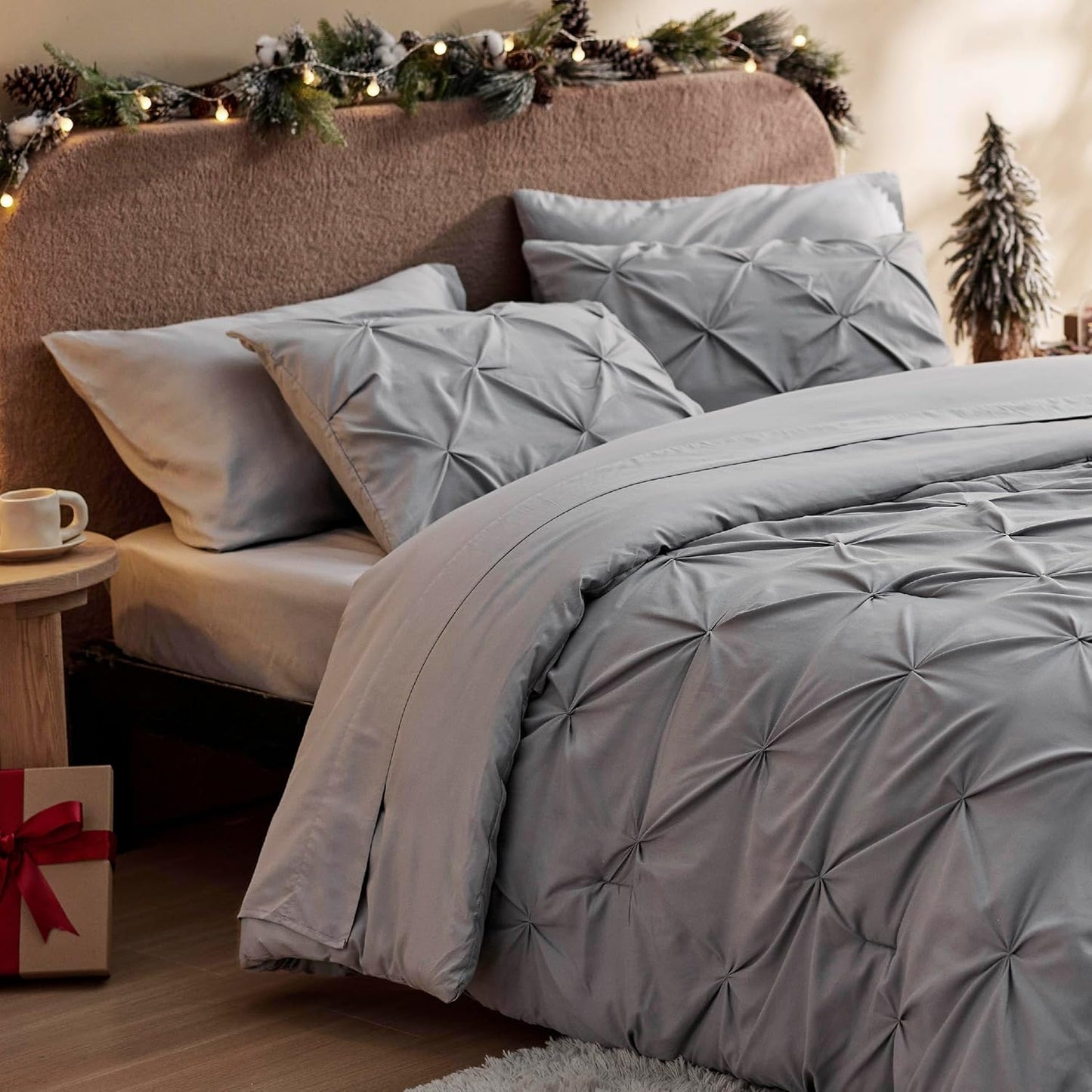 King Size Comforter Set - Bedding Sets King 7 Pieces, Pintuck Bed in a Bag Grey Bed Set with Comforter, Sheets, Pillowcases & Shams