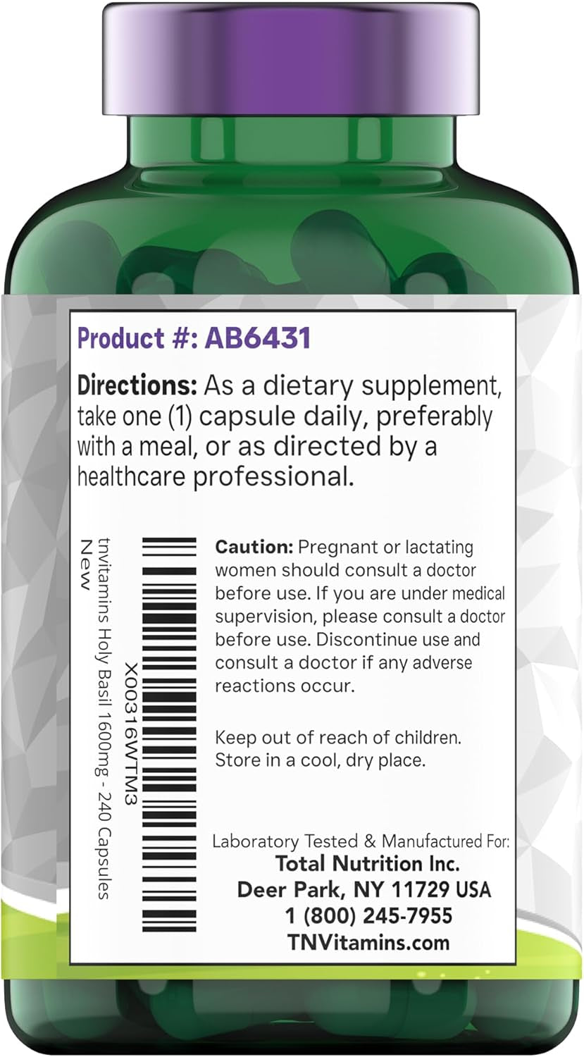 Holy Basil Capsules (1,600 Mg Equivalent - 240 Capsules) | 8 Month Supply | AKA Tulsi | May Promote Stress & Frustration Relief* | Adaptogenic, & Ayurvedic Herb TLBH