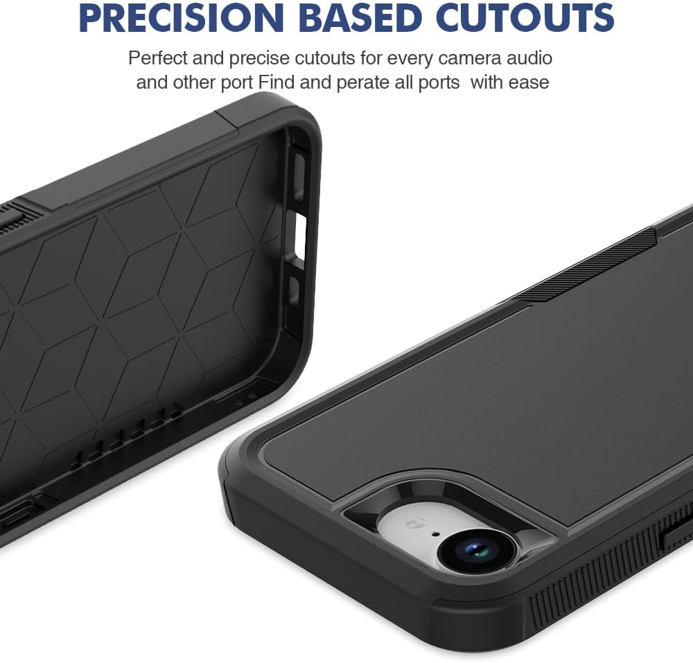 Iphone 16E Case: Dual Layer Protective Heavy Duty Cell Phone Cover Shockproof Rugged with HD Screen Protector - Military Protection Bumper Tough - Apple Iphone 16E / SE 2025 / SE4, Black