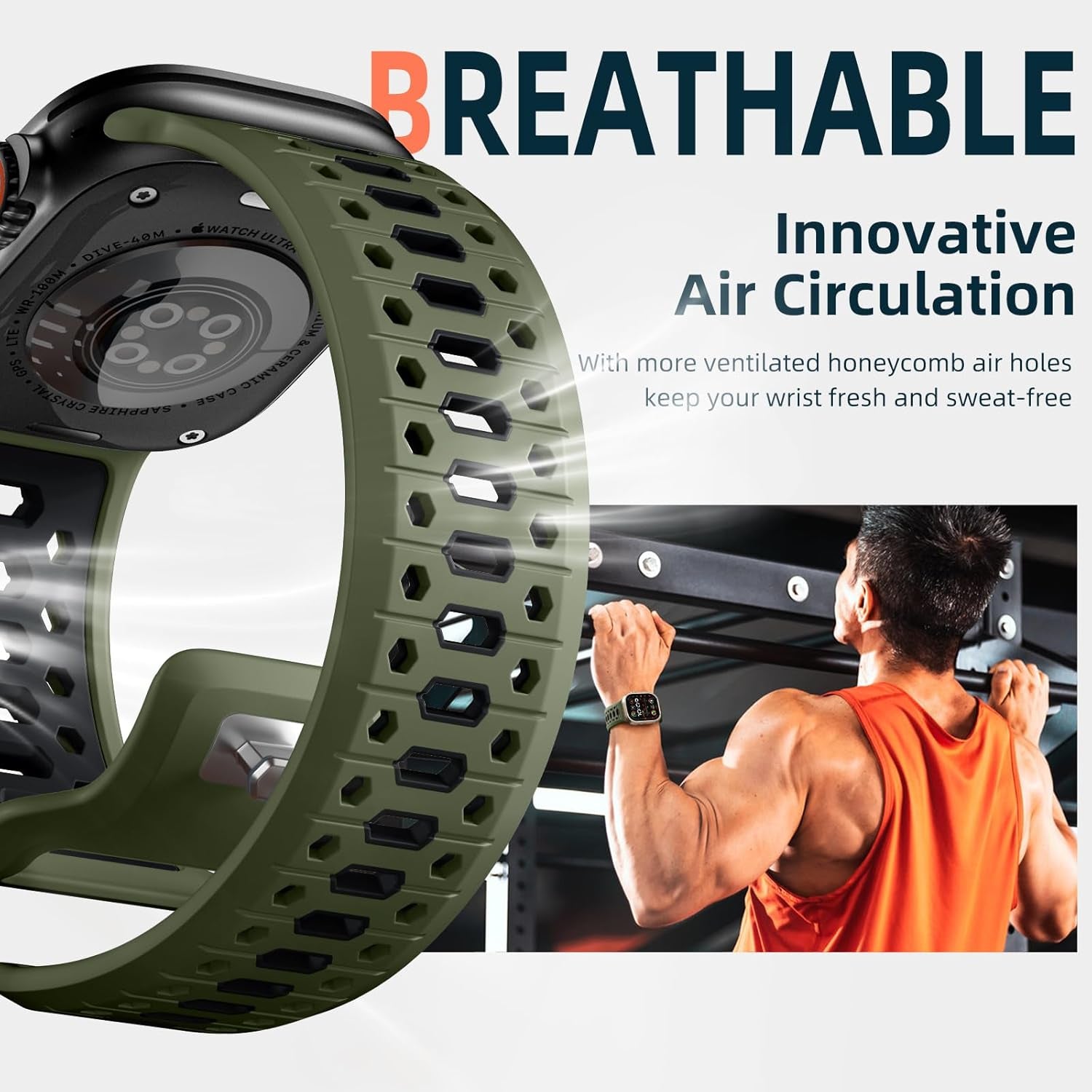 26MM Sport Band Compatible with Apple Watch Ultra 2 & Ultra Band 49Mm 46Mm 45Mm 44Mm 42Mm Men, Honeycomb Breathable Silicone Waterproof Strap for Iwatch Apple Watch Series 10 9 8 7 6 5 4 3 SE
