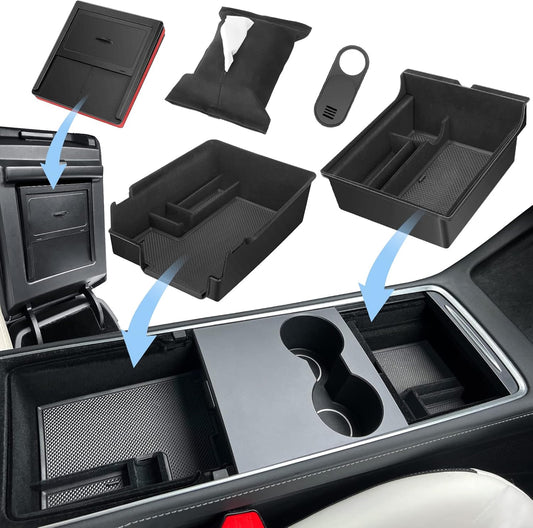 5Pcs 2023 Upgraded Center Console Organizer Tray Compatible for Tesla Model 3 Model Y Accessories 2023 2022 2021 Armrest Hidden Drawer Storage Box 1PC Webcam Cover 1PC Tissue Holder