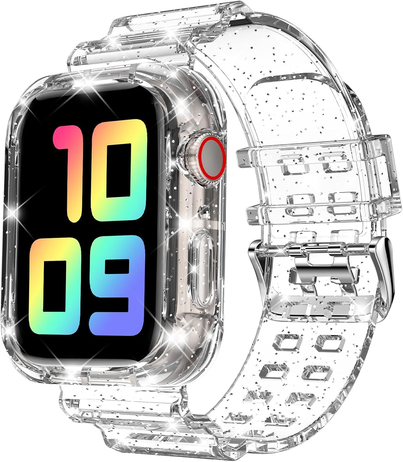 Compatible for Clear Apple Watch Band with Bumper Case, Women Men Glitter Bling TPU Sport Strap for Iwatch SE Ultra Series 10 9 8 7 6 5 4 3 2 1