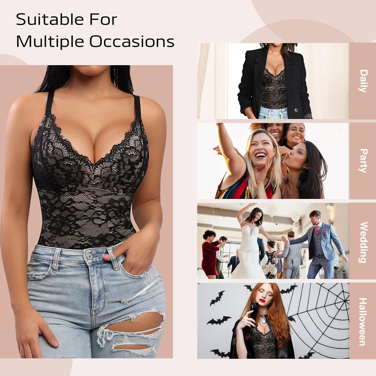 Lace Bodysuit for Women Tummy Control Shapewear V-Neck Sleeveless Tops Backless Camisole Jumpsuit