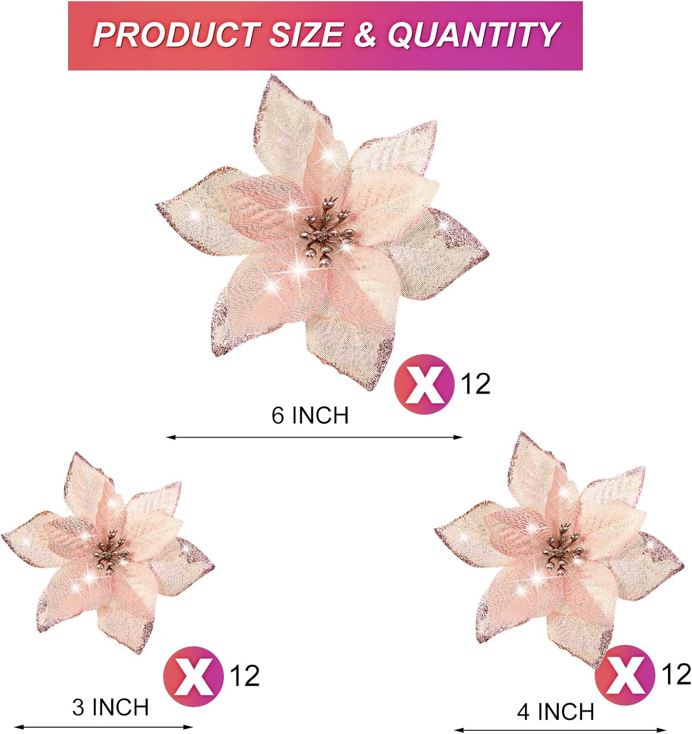 36 Pcs 3 Size Christmas Tree Glitter Faux Poinsettia Flowers Ornaments for Home Outdoor Decoration (Rose Gold,3/ 4/ 6 Inch)