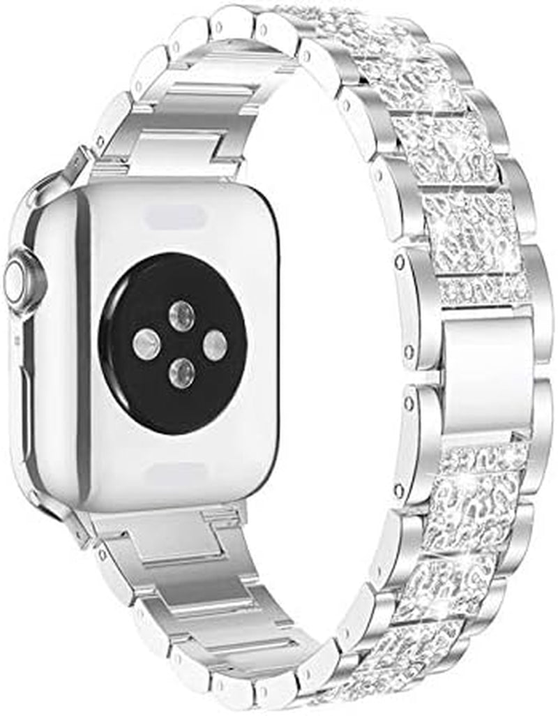 Compatible with Apple Watch Band 38Mm 40Mm 41Mm 42Mm 44Mm 45Mm 49Mm with 2 Pack Case Women, Jewelry Replacement Metal Wristband Strap with Bling PC Protective Case for Iwatch Ultra SE Series 9/8/7/6/5/4/3/2/1