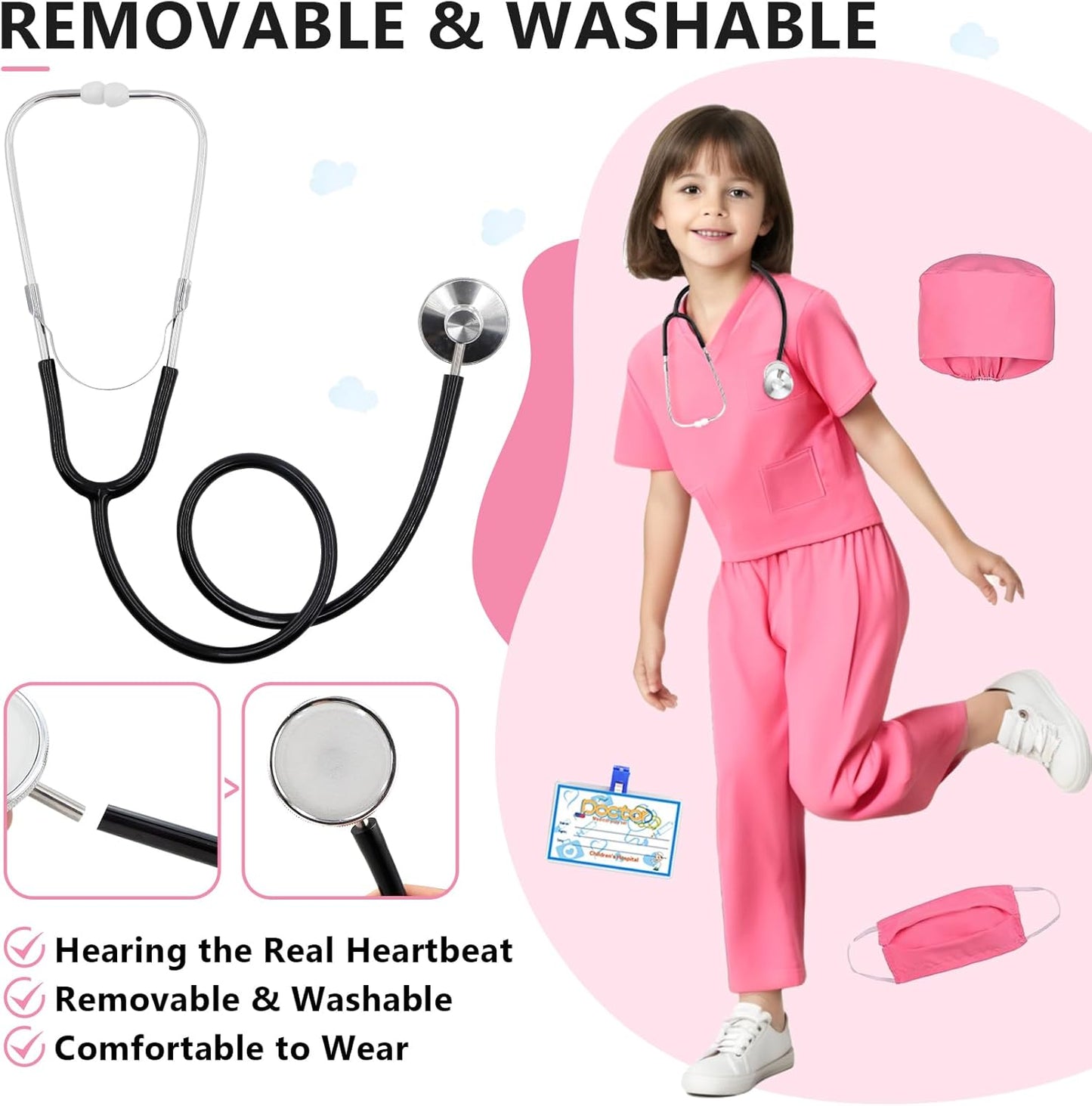 Kids Doctor Scrub Costume,Halloween Cosplay Dress Up,Nurse Scrub Set Gift for Boys and Girls 3-12Years Old 6PCS