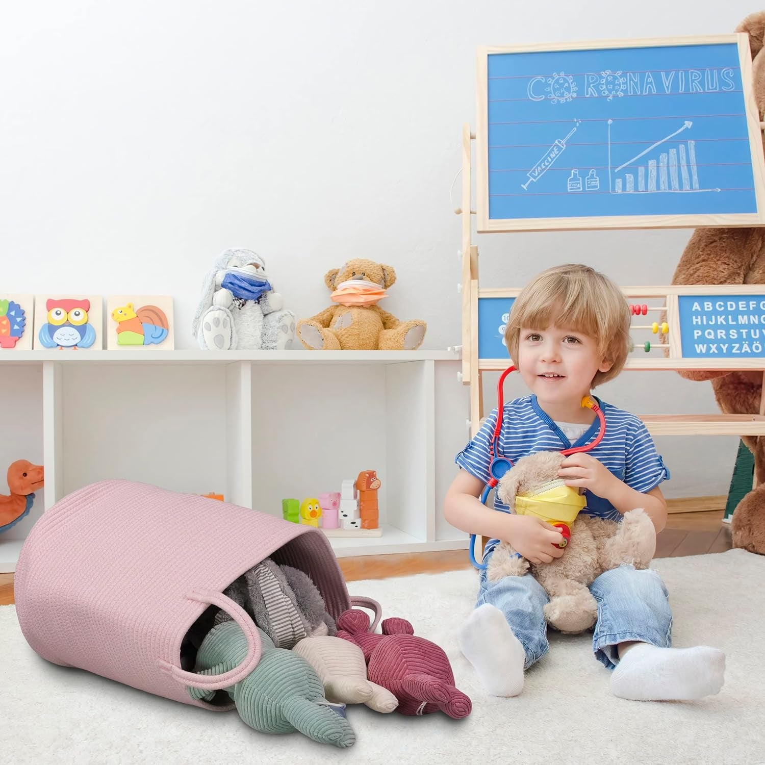 Cotton Rope Laundry Basket Hamper for Girls Kids Baby Nursery Hamper Bin Woven Storage Basket for Living Room Girls Room Boho Tall Rope Baskets for Blanket Toys Large Light Pink