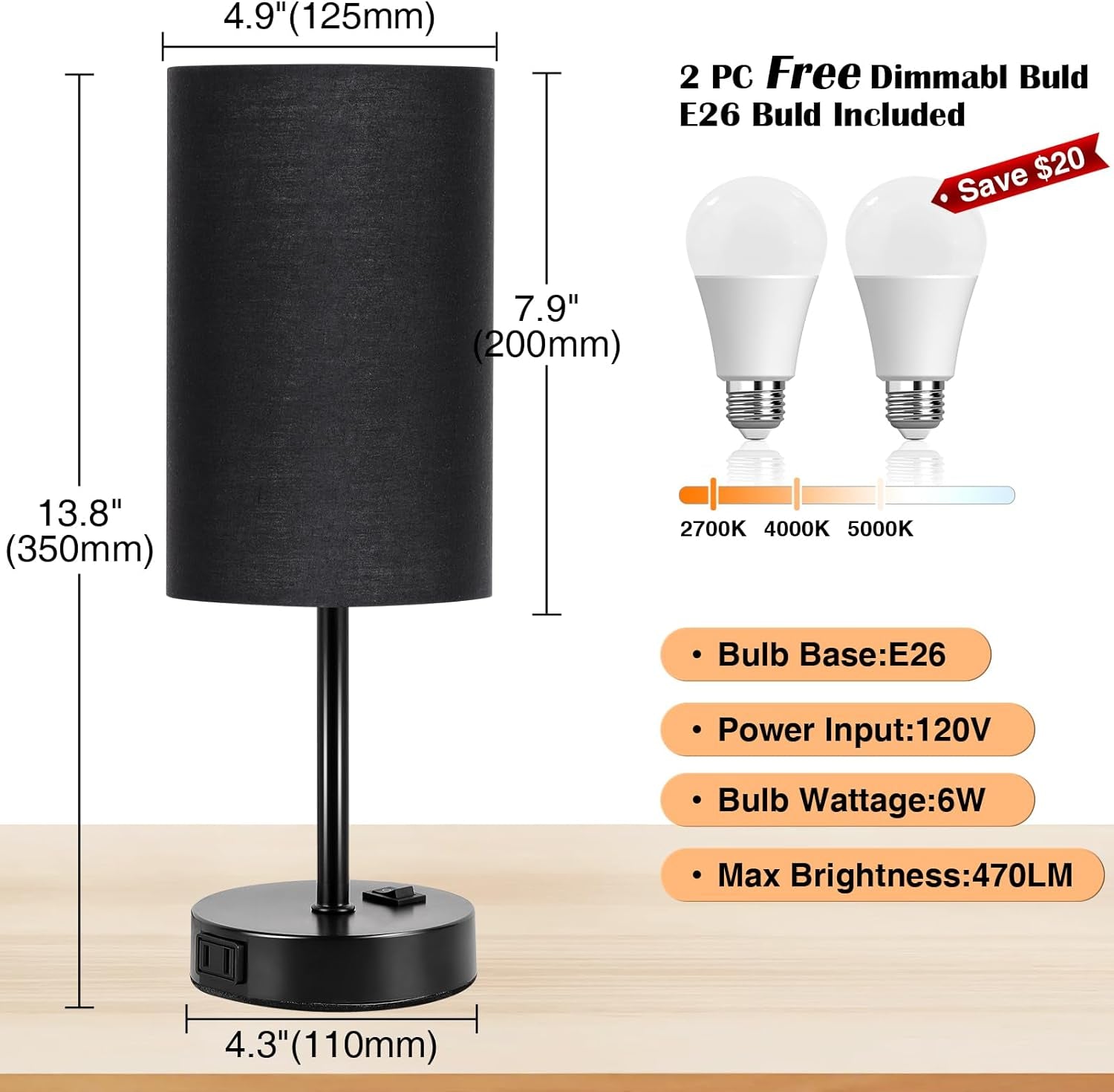 Table Lamp for Bedroom Set of 2, Bedside Small Lamps with 3 Way Dimmable Rocker Switch and AC Outlet, Nightstand Desk Lamp with Black Fabric Shade Black Base for Living Room Home Decor Lights