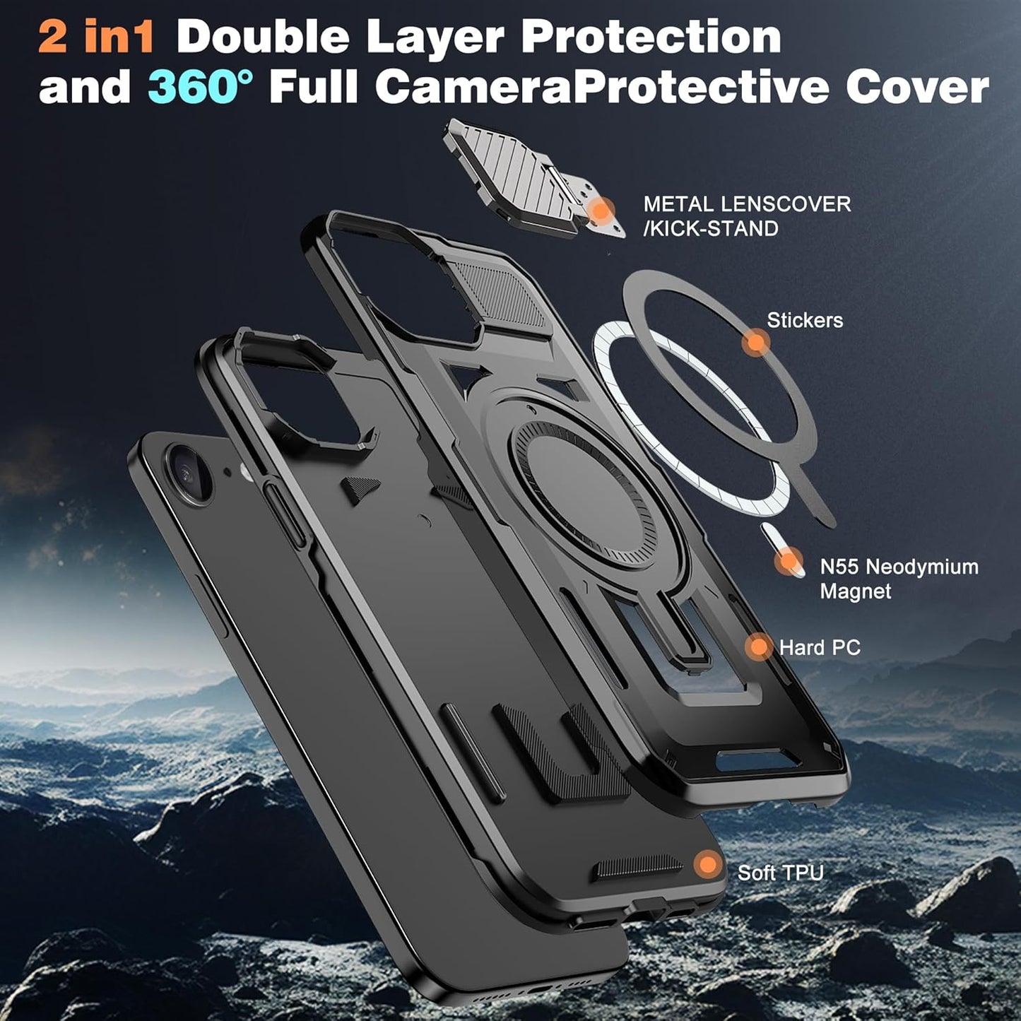 For Iphone 16E Case, 16E Case 2025 with Camera Cover Stand[Compatible with Magsafe] Heavy Duty Drop Shockproof Slim Protection Rugged Magnetic Phone Case for Iphone 16E Case 6.1",Black