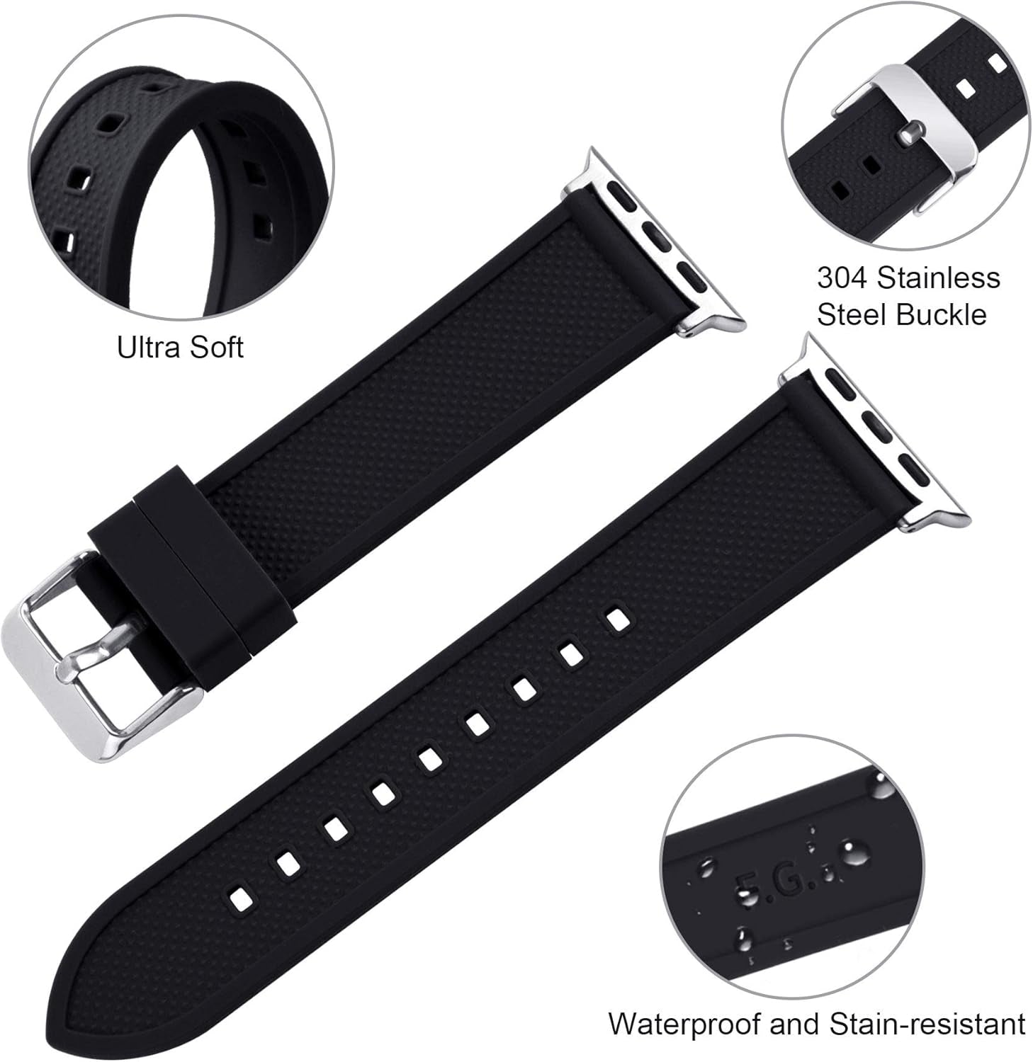 Compatible Sport Bands for Apple Watch Series 10 42Mm, 9/8/7 41Mm, SE2/SE/6/5/4 40Mm, 3/2/1 38Mm,Silicone Rubber Iwatch Band for Women Men, Black
