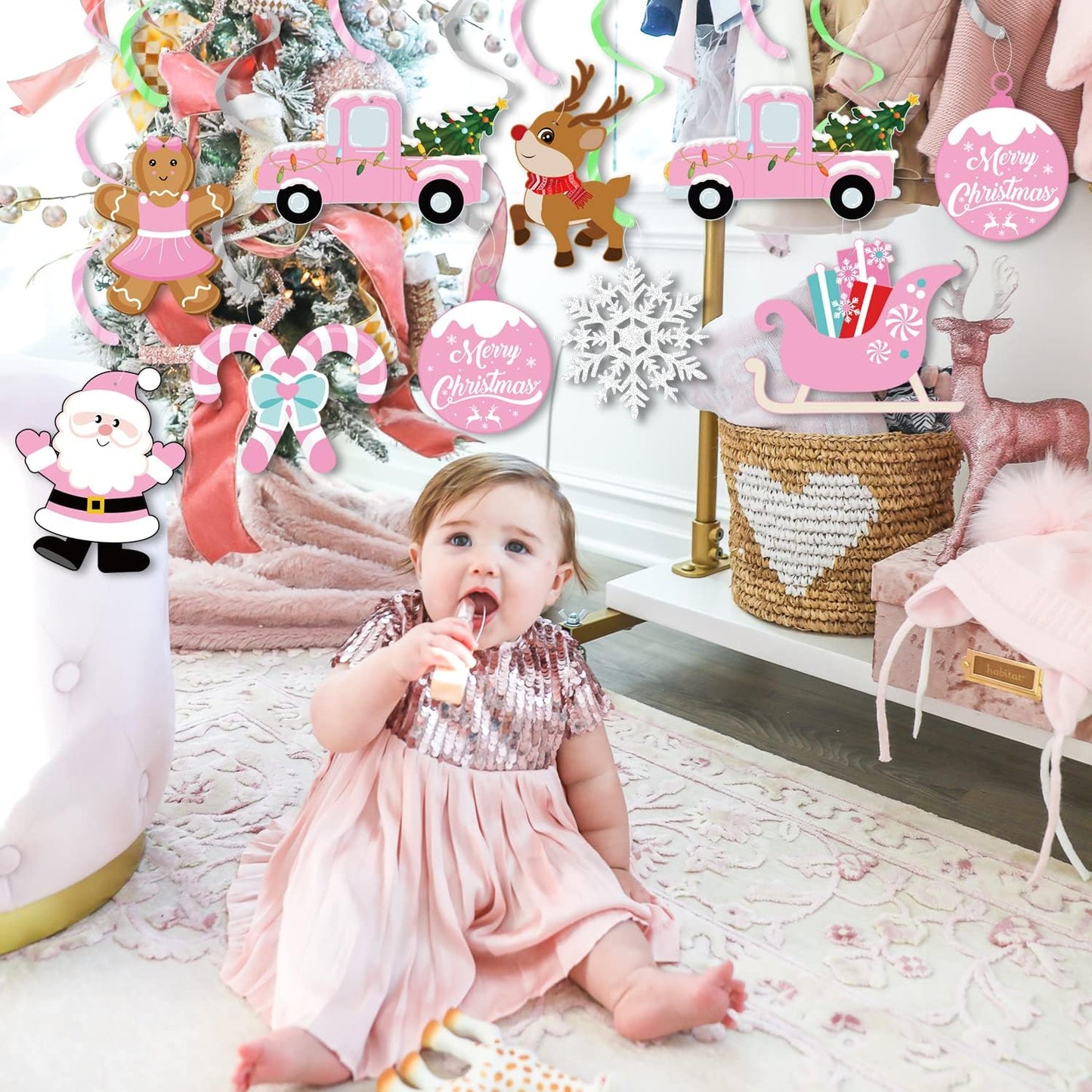 Christmas Party Decorations,Pink Cute Christmas Theme Party Hanging Swirls Foil Ceiling Decor for Christmas, Birthday Party Supplies&Baby Shower Winter Party