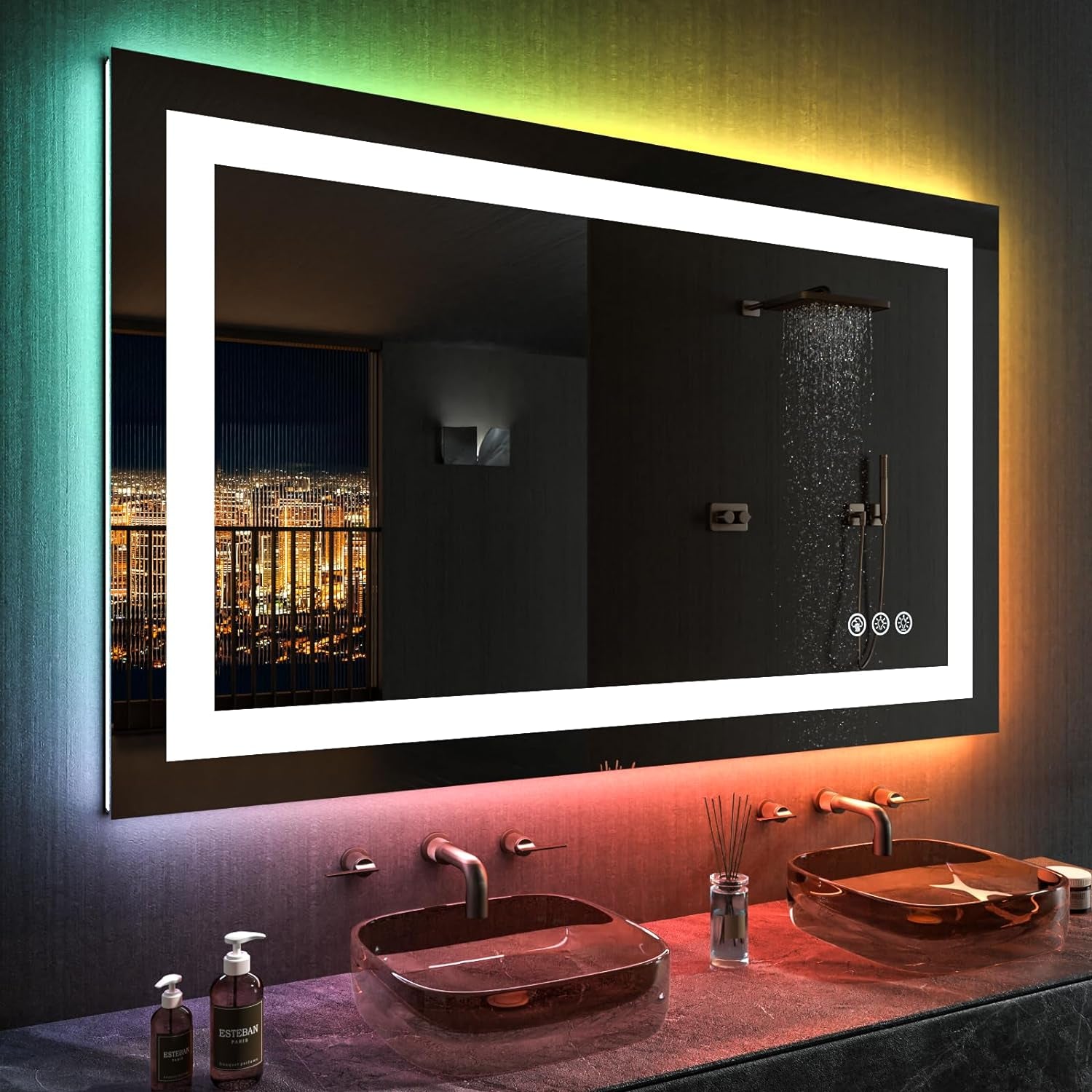 60”X30“ RGB LED Bathroom Mirror with Lights for Bathroom, Anti-Fog, Dimmable，Multiple Light Modes, RGB Backlit + Front Light, Memory Function, Tempered Glass