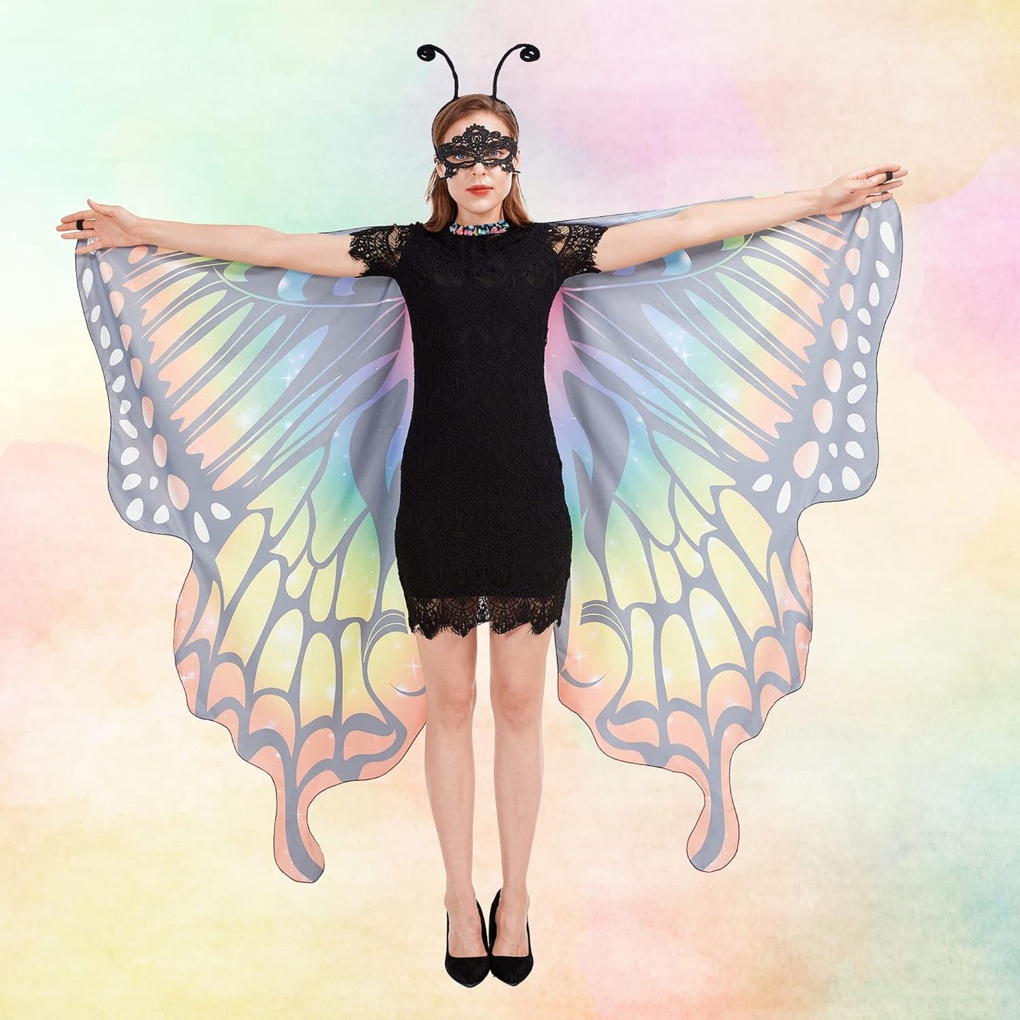Halloween Butterfly Costume for Women - Adult Wings Cape Shawl with Lace Mask and Antenna Headband