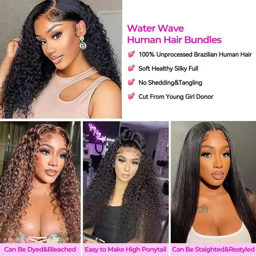 Water Wave Bundles Human Hair 16 18 20 Inch Deep Wave Bundles 10A Brazilian 100% Unprocessed Virgin Human Hair Wet and Wavy Bundles Double Weft Water Curly Weave 3 Bundles Natural Black