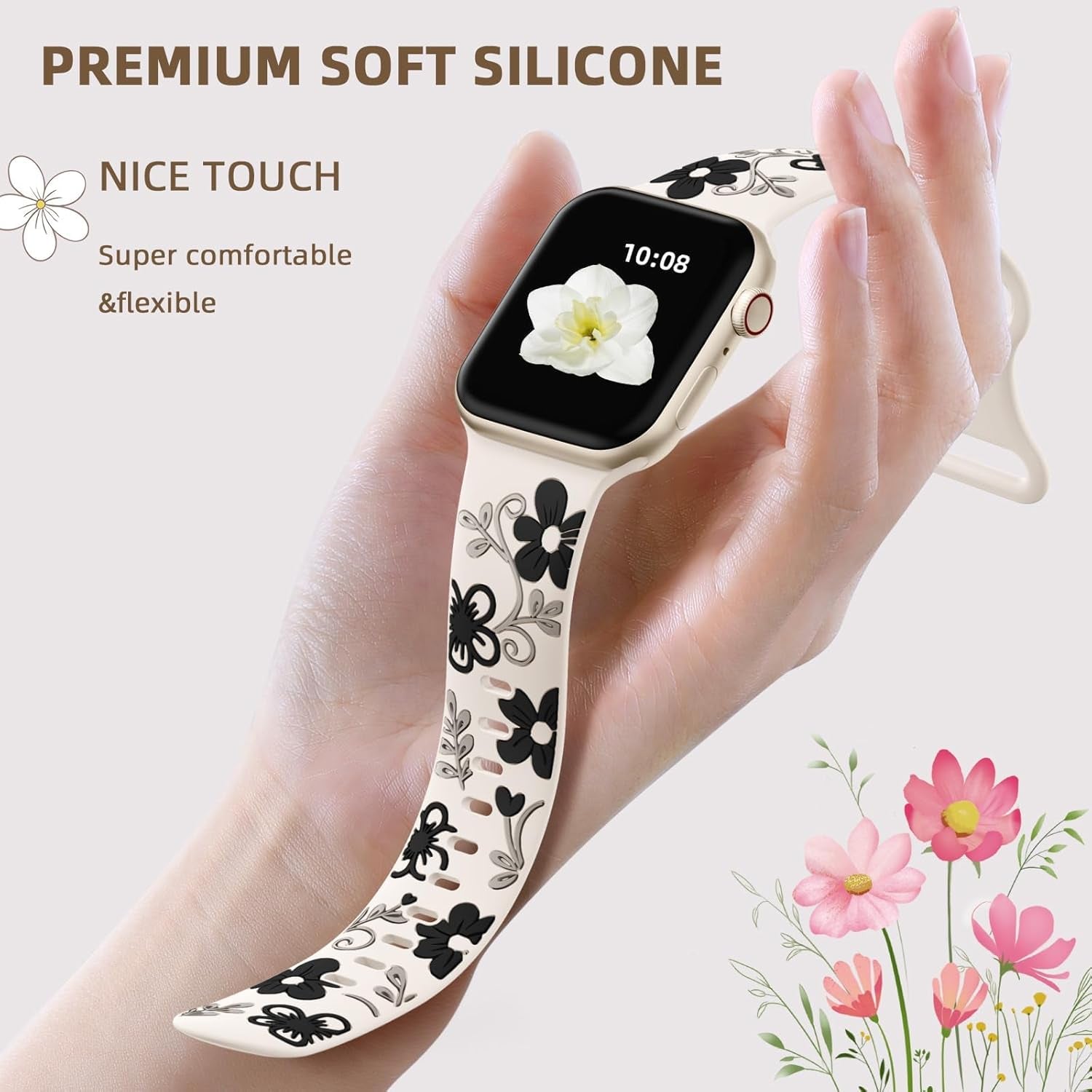 Cute Floral Band Compatible with Apple Watch Bands for Women 42Mm 41Mm 40Mm 38Mm 44Mm 45Mm 46Mm 49Mm, Engraved Flower Soft Silicone Inlay Strap for Iwatch Series 10 9 8 7 6 5 4 3 2 SE Ultra