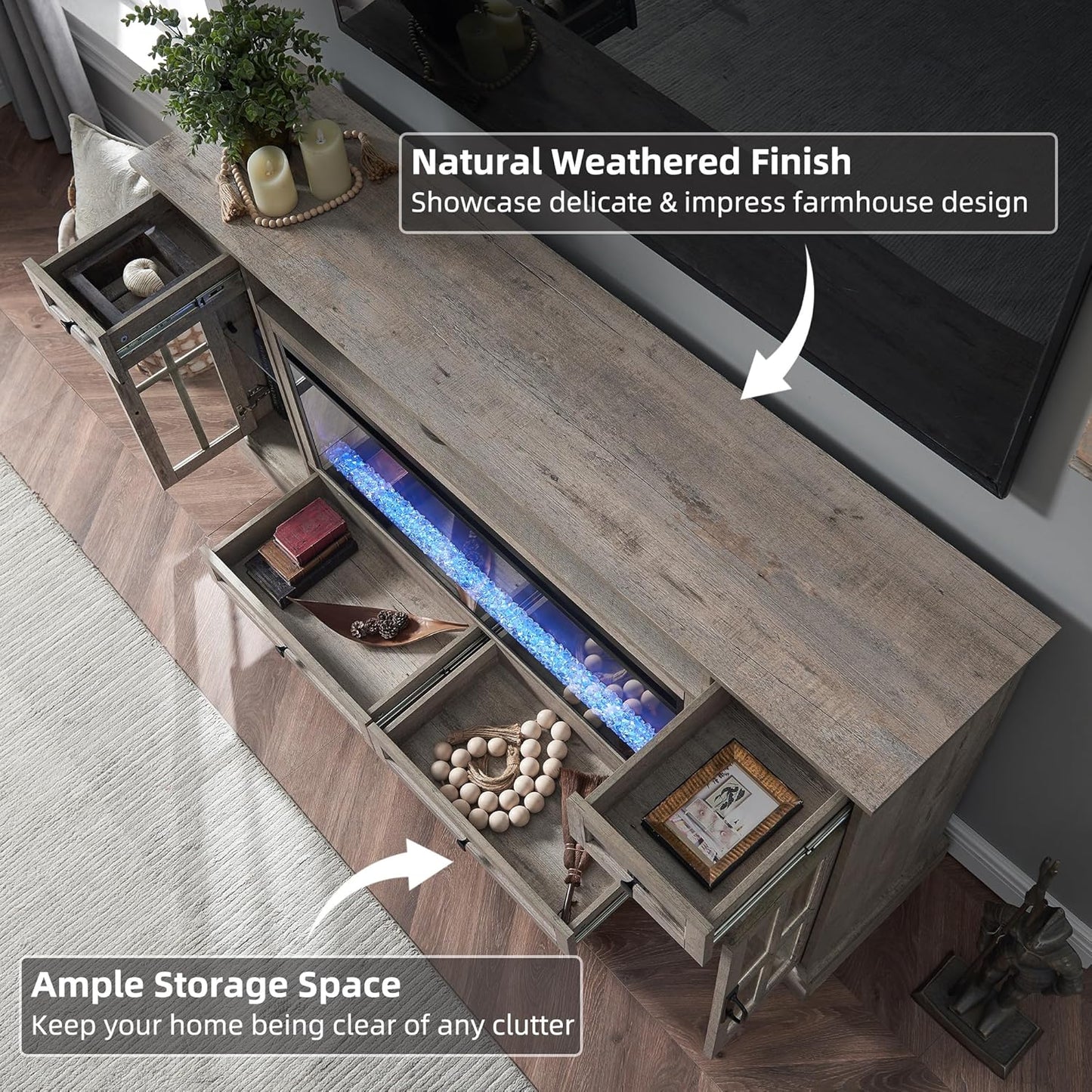 Fireplace TV Stand for 80 Inch TV, Farmhouse Entertainment Center with 42" Fireplace & LED Lights, Modern Media Console Table with Storage Drawers & Cabinets for Living Room, Light Rustic Oak