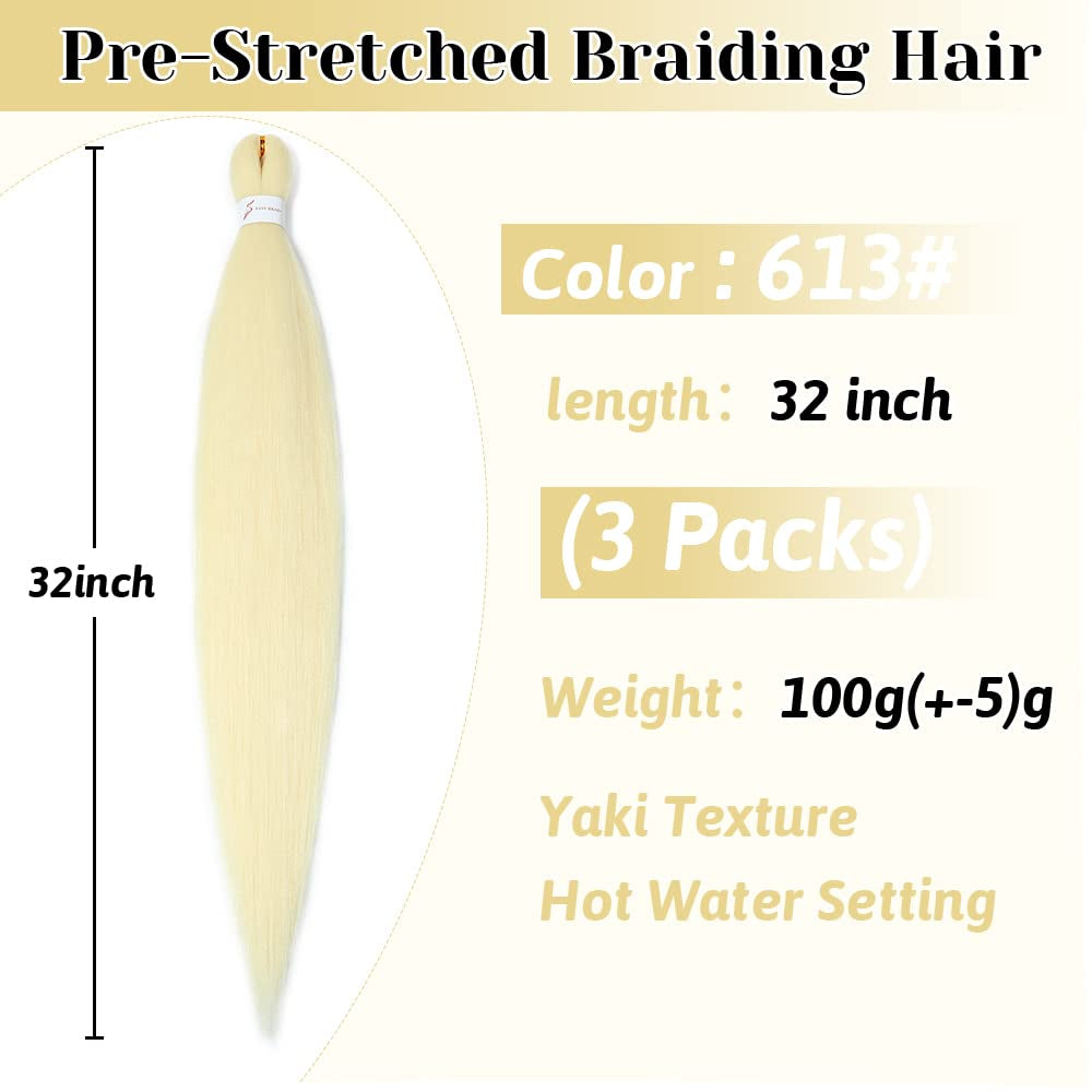 613 Braiding Hair Extensions 32 Inch Pre Stretched Braiding Hair Yaki Braids Hair Hot Water Setting Synthetic Hair Colored Braiding Hair Pre Stretched Crochet Hair(32Inch,3 Packs,613#)