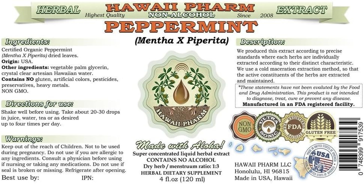 Peppermint Alcohol-Free Liquid Extract, Organic Peppermint (Mentha X Piperita) Dried Leaf Glycerite Natural Herbal Supplement, , USA 2 Fl.Oz TLBH