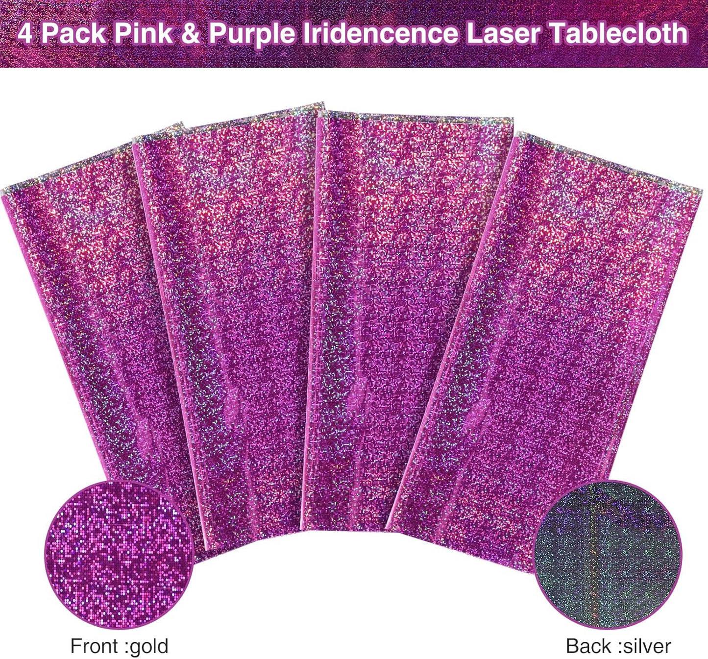 4 Pack Iridescence Plastic Tablecloths Shiny Disposable Laser Rectangle Table Covers Holographic Foil Tablecloth Iridescent Party Decoration Birthday Bridal Wedding Christmas 54" X 108"(Pink & Purple)