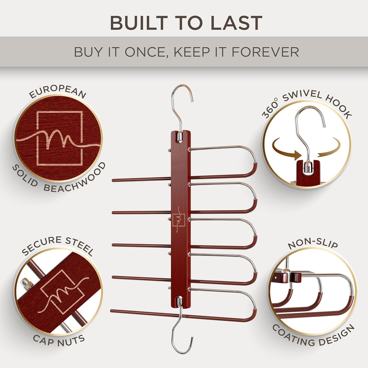 Pants Hangers Space Saving - 2 Pack European Beechwood Scarf Hangers - Closet Organizer Jean Hangers - Scarf Holder Closet Space Saving Hangers - Pant Rack Leggings Hanger Space Saver