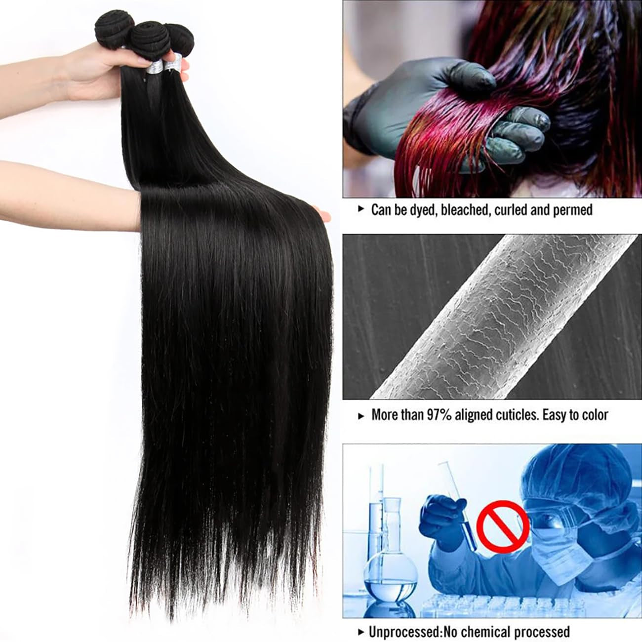 16/18/20Inch 3 Bundles Human Hair, 100% Human Hair Bundles, Straight Brazilian Human Hair Bundles, 100% Unprocessed Virgin Brazilian Human Hair Bundles, Natural Black Color Bundles Human Hair