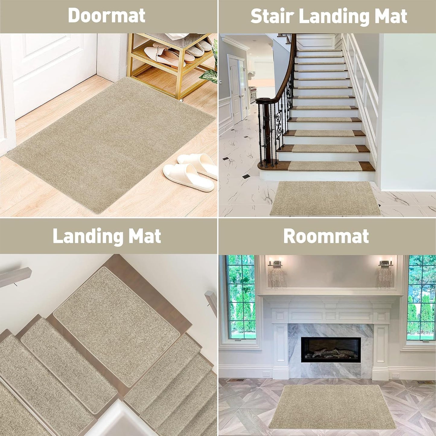 Carpet Stair Tread Landing Mat Tape Free Self Adhesive Non Slip Skid Resistant Indoor Doormat Area Rug Floor Mat for Kitchen Bathroom Workstations Washable 2' X 3' (Cream Grey)