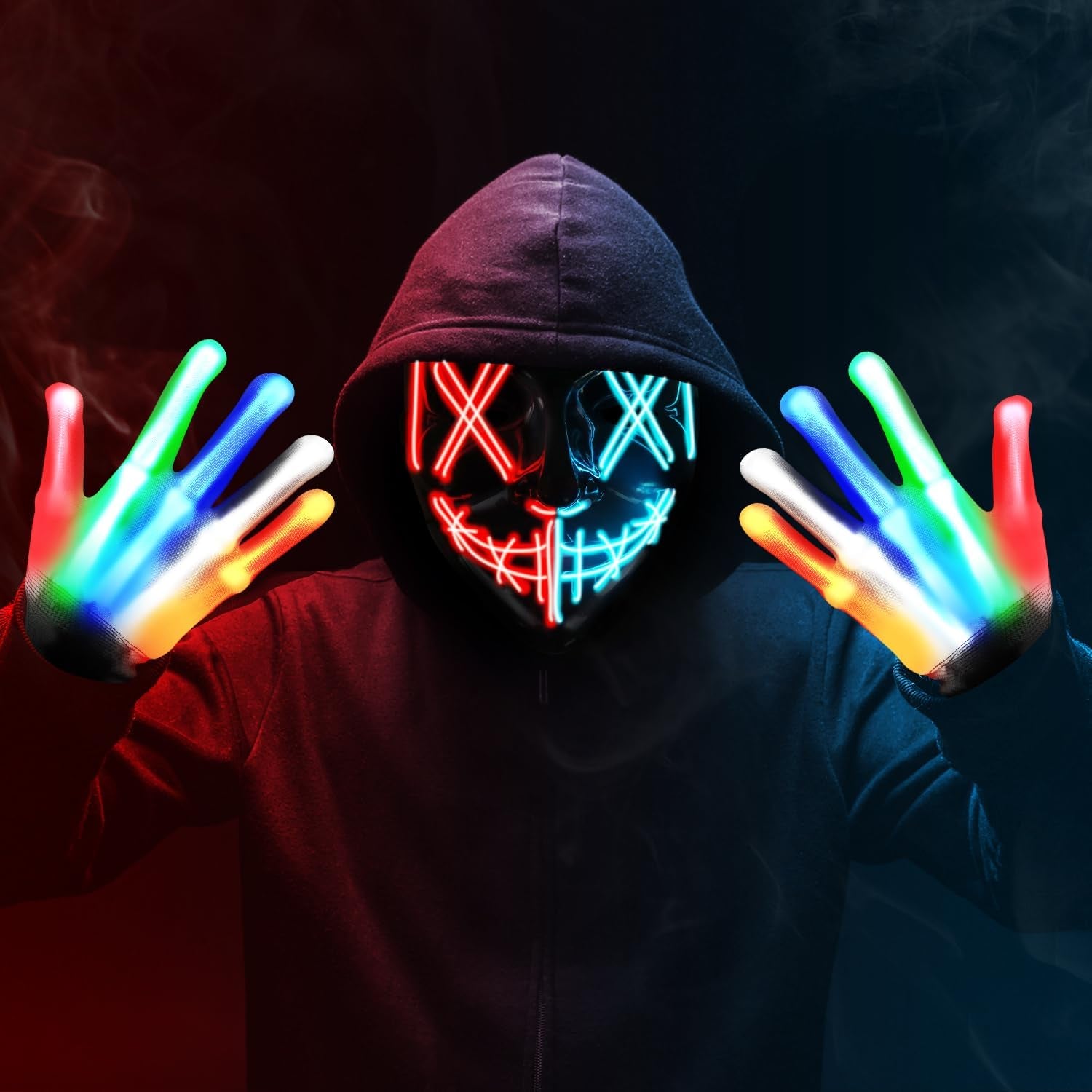 Halloween Light up Mask,Led Purge Mask with Gloves,Scary Cool Teen Halloween Costumes Mask for Women Kids Boys