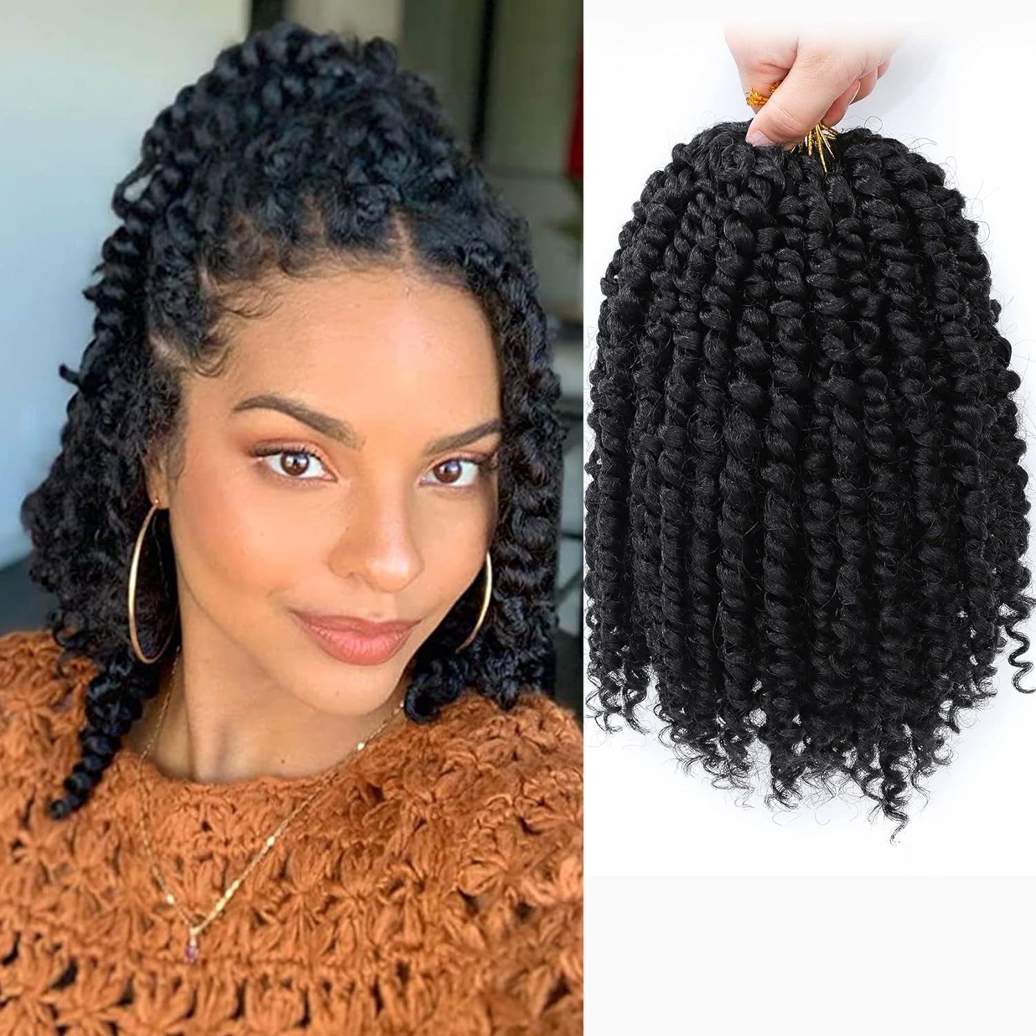 Passion Twist Hair 8 Inch, 8 Packs Passion Twist Crochet Hair for Black Women, Prelooped Crochet Twist Hair with Curly Ends (8Inch, 1B#)