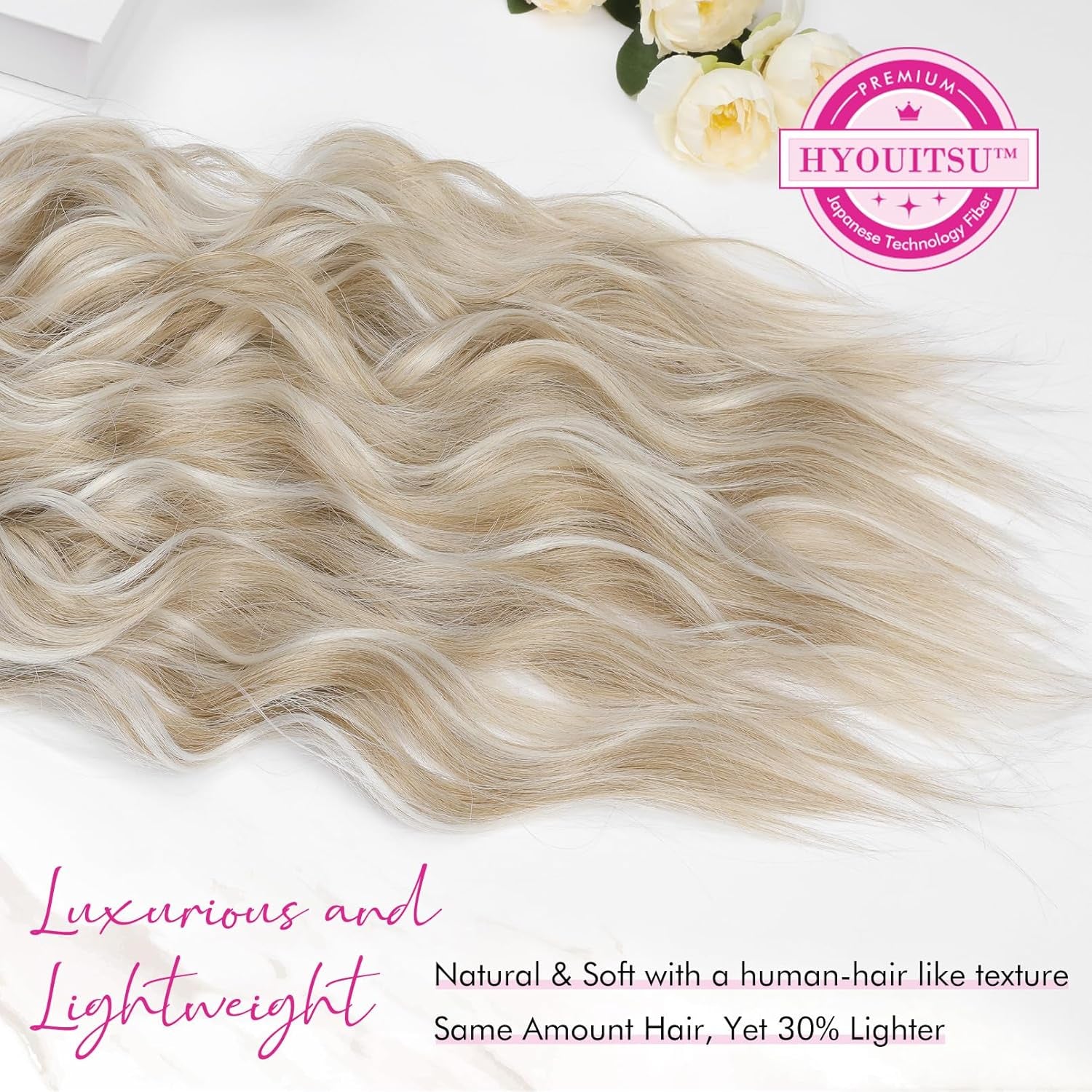 Clip in Hair Extensions, 4PCS Blonde Hair Extensions 24" Thick Long Beach Waves Hair Extensions HE003 Invisible Lace Weft Natural Soft Hairpieces for Women – Ash Blonde with Highlights