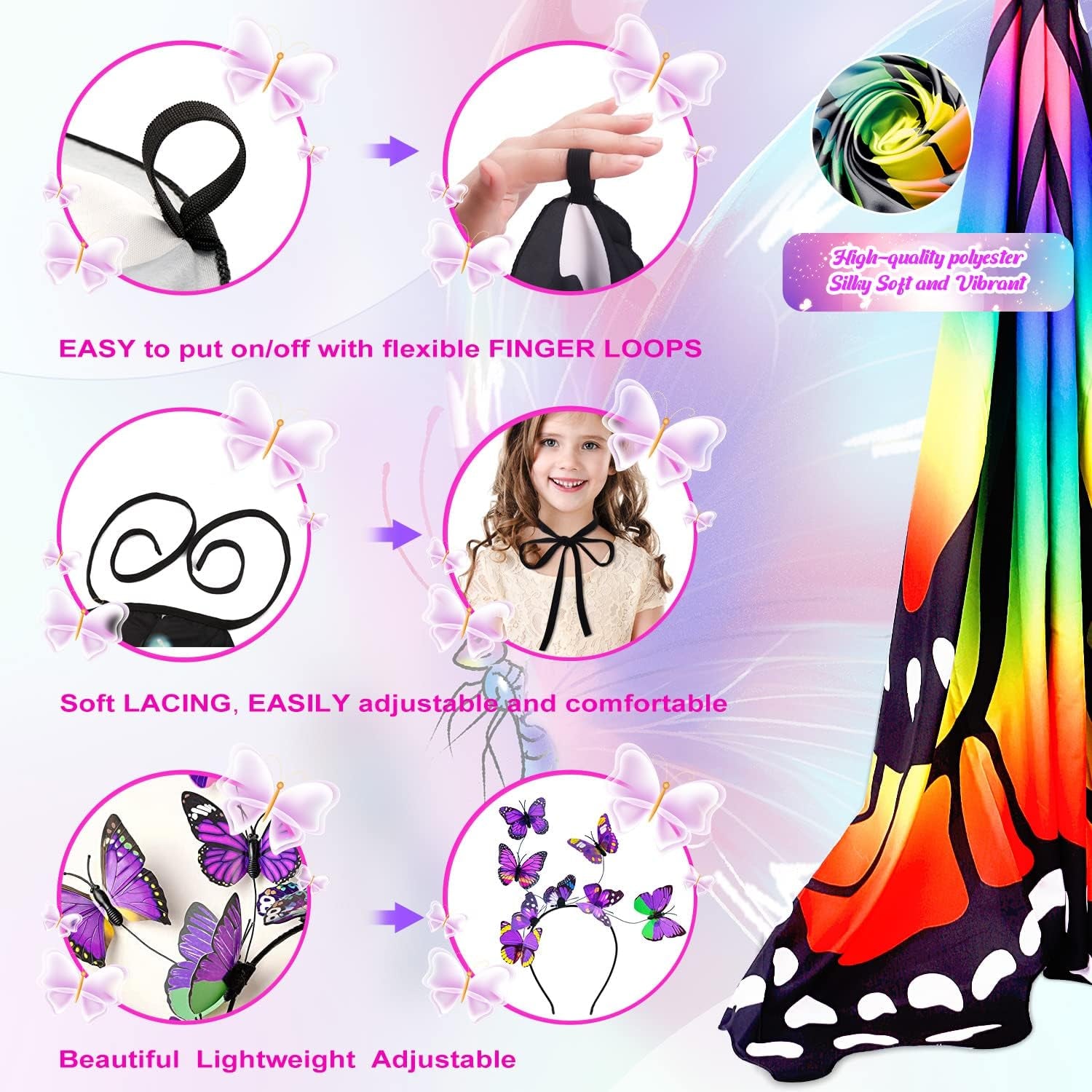 Butterfly Wings for Girls, Butterfly Costume Blue Purple, Fairy Wings Shawl, Halloween Costumes for Kids